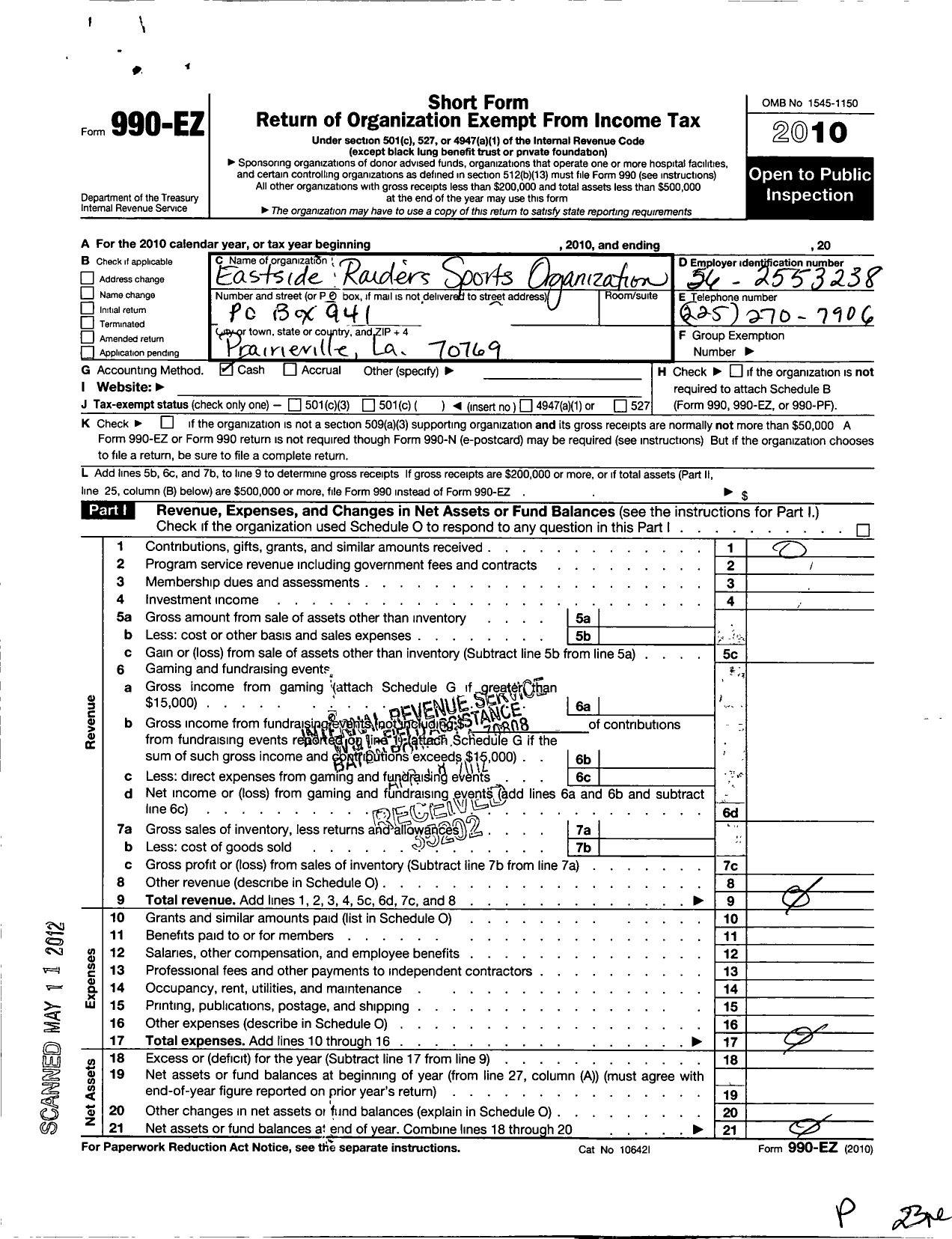 Image of first page of 2010 Form 990EO for Eastside Raiders Sports Organization