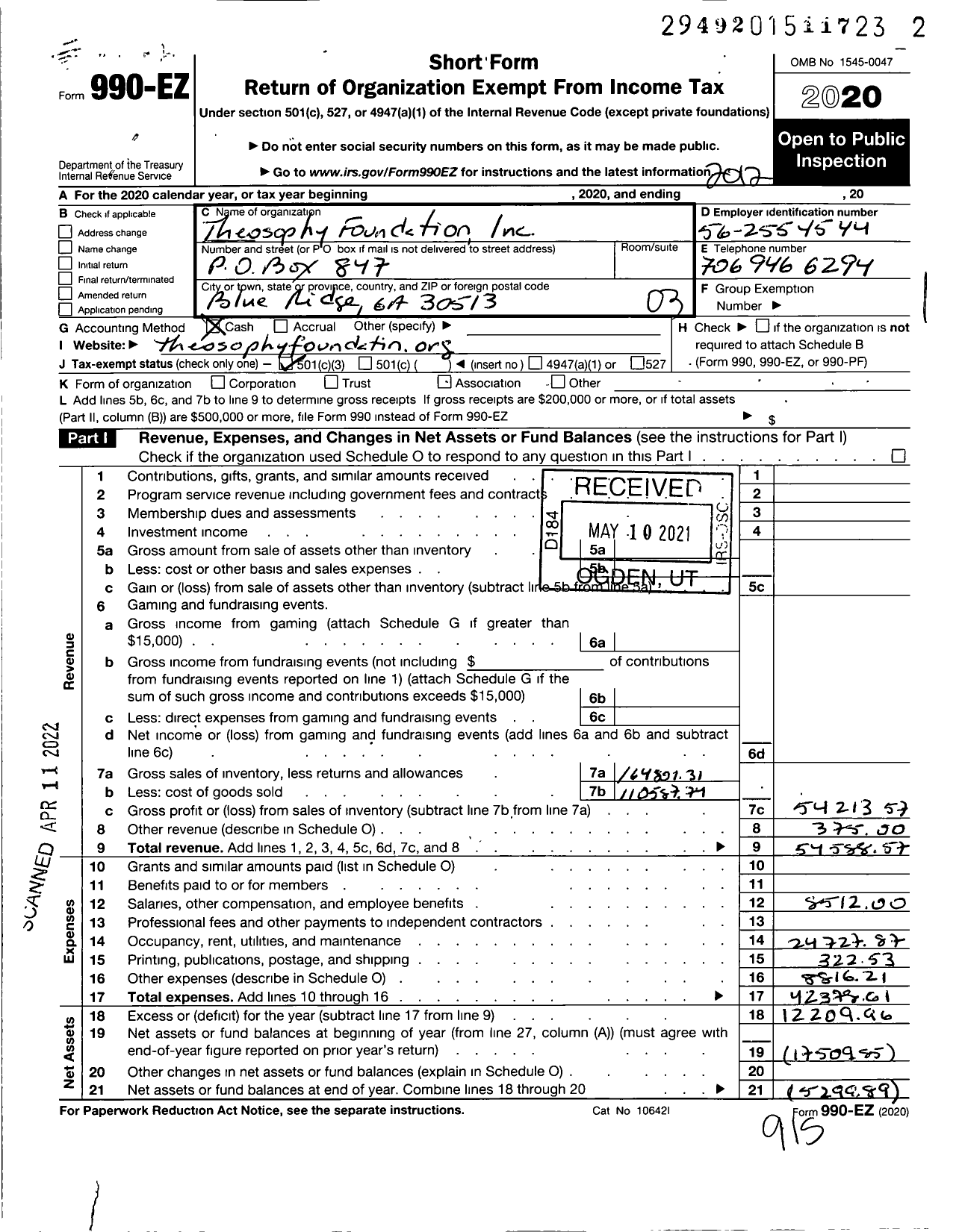 Image of first page of 2020 Form 990EZ for Theosophy Foundation