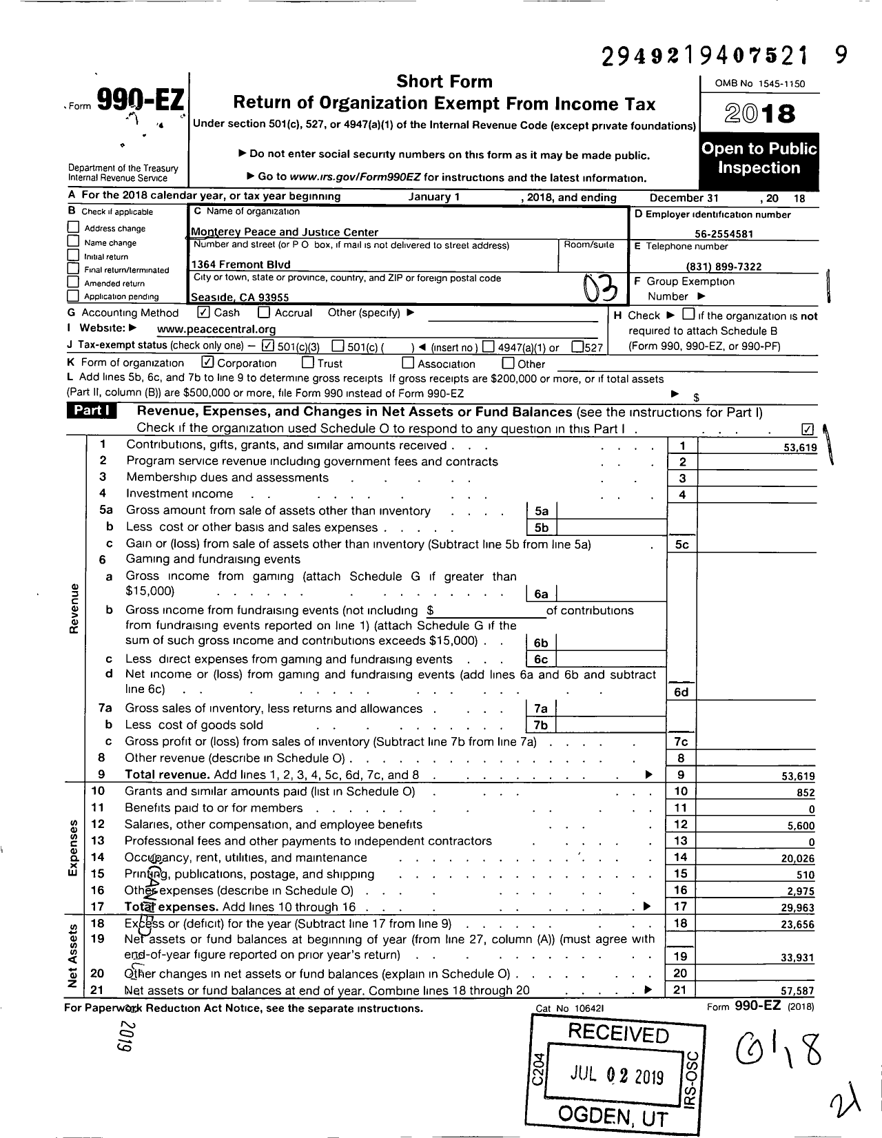 Image of first page of 2018 Form 990EZ for Monterey Peace and Justice Center
