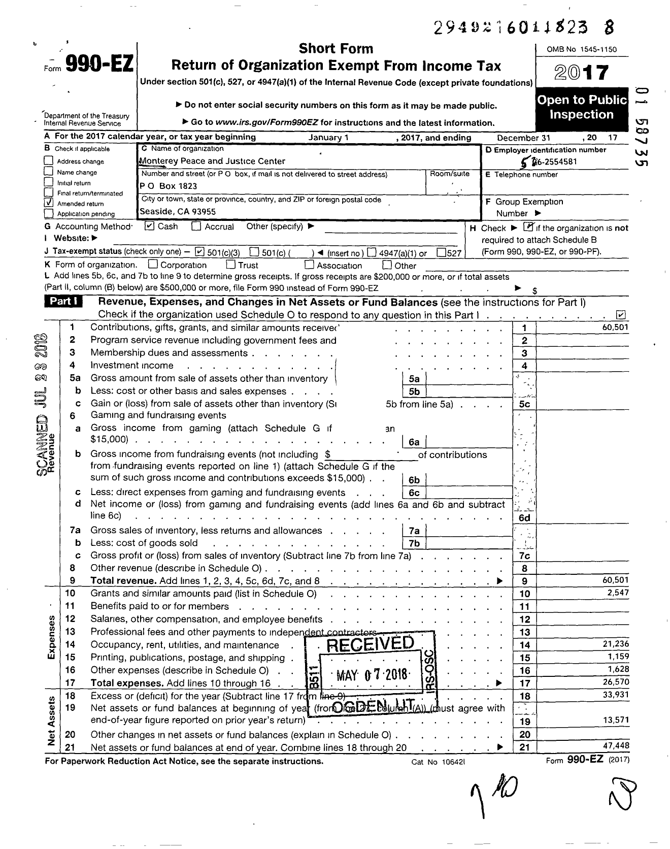 Image of first page of 2017 Form 990EZ for Monterey Peace and Justice Center