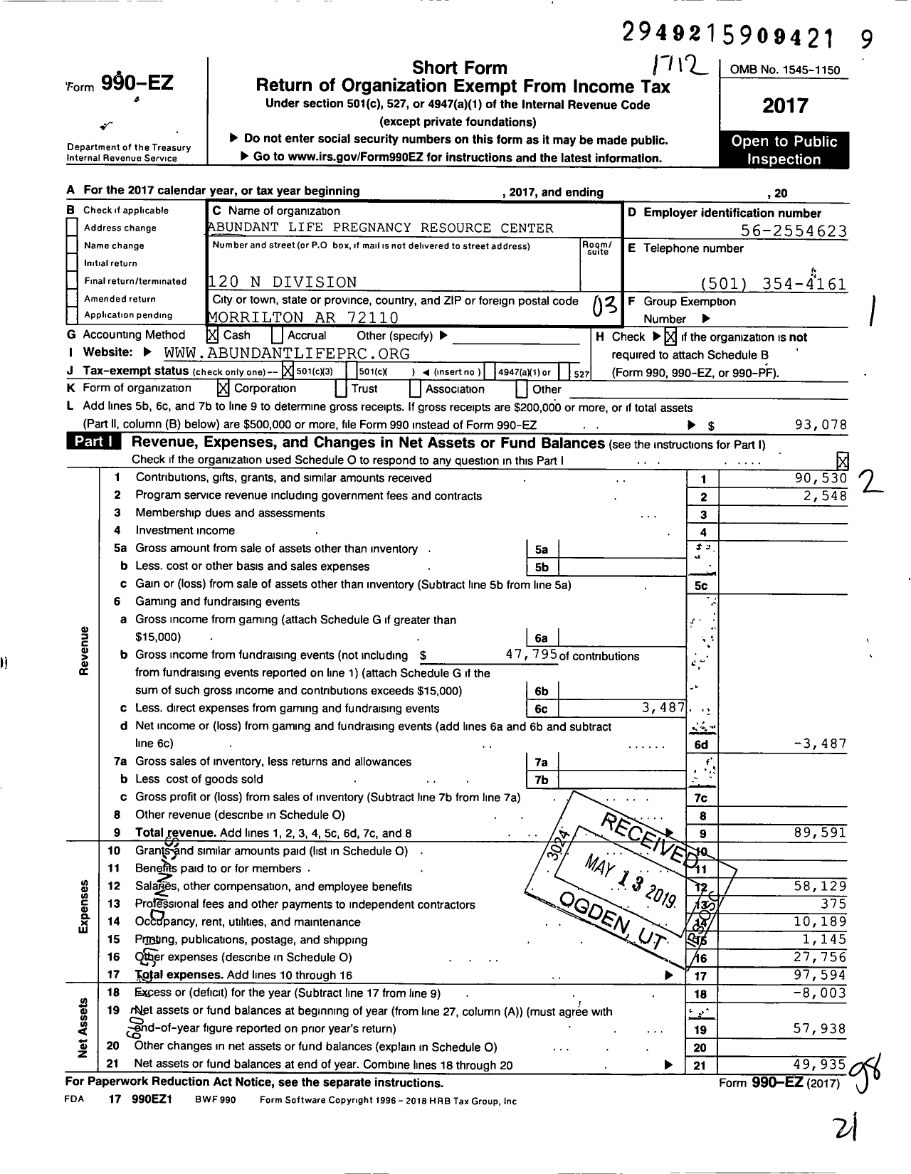 Image of first page of 2017 Form 990EZ for Abundant Life Pregnancy Resource