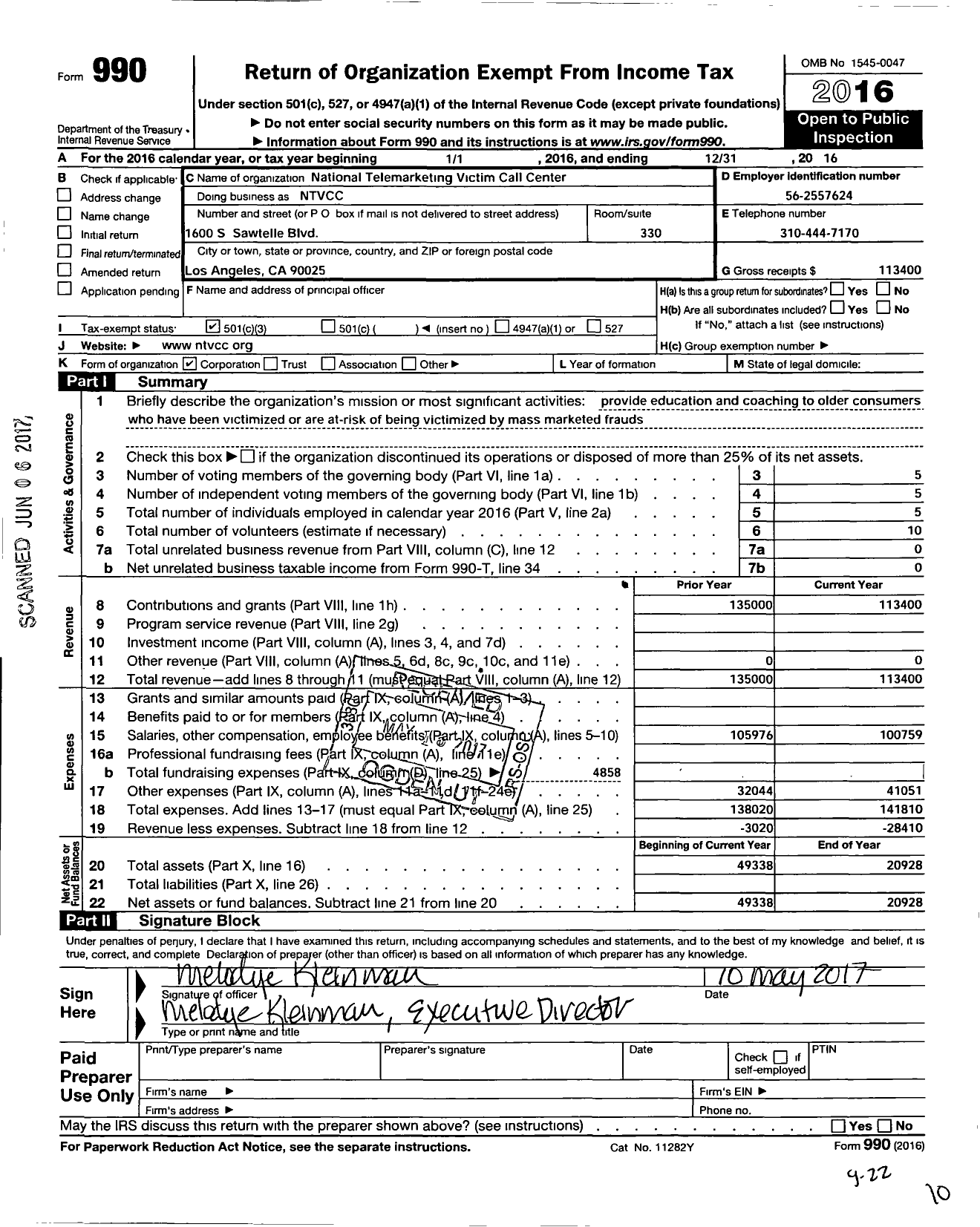 Image of first page of 2016 Form 990 for National Telemarket Victim Call Center