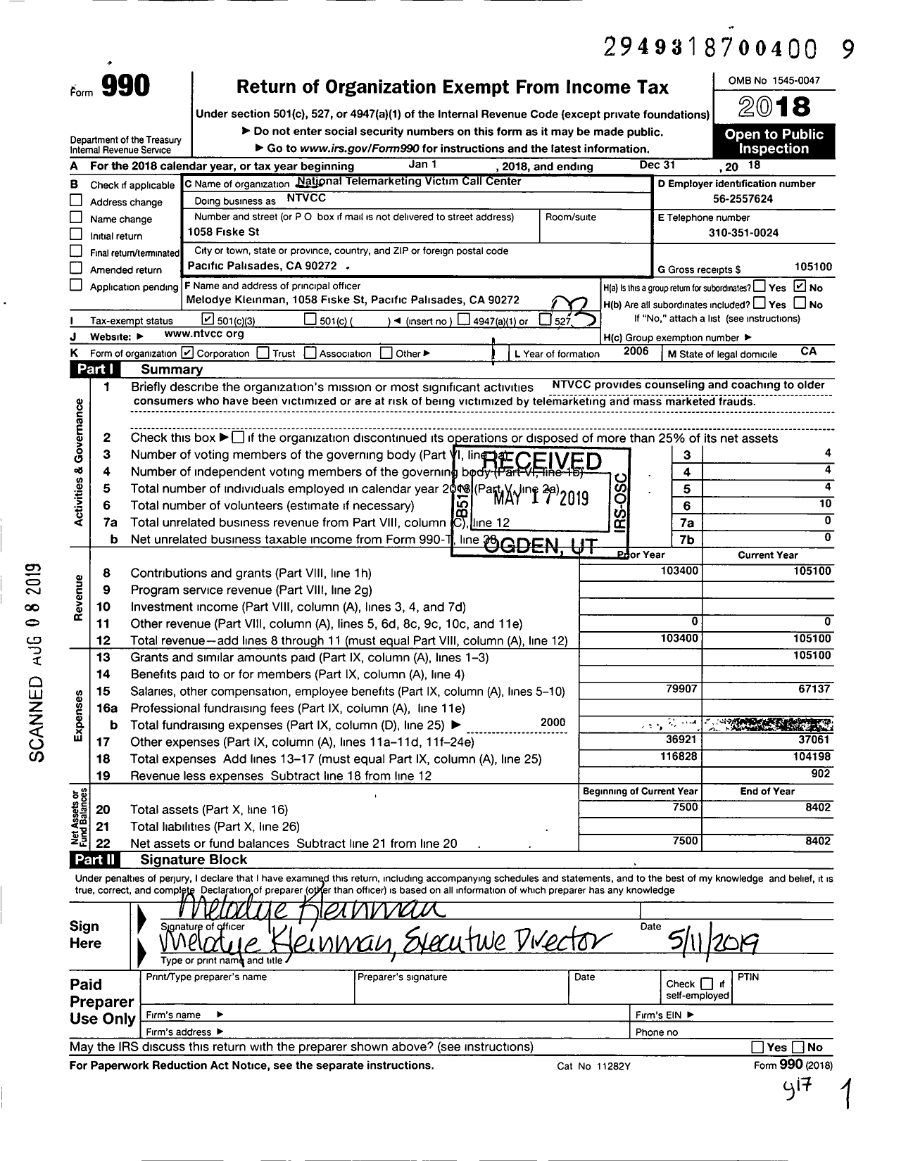 Image of first page of 2018 Form 990 for National Telemarket Victim Call Center