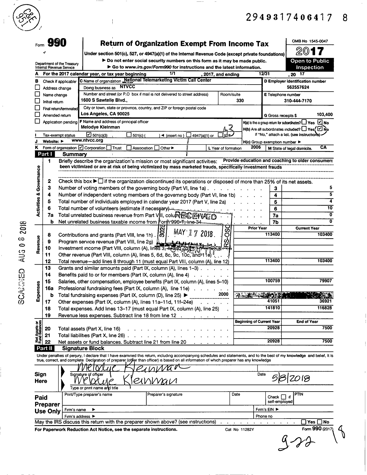 Image of first page of 2017 Form 990 for National Telemarket Victim Call Center