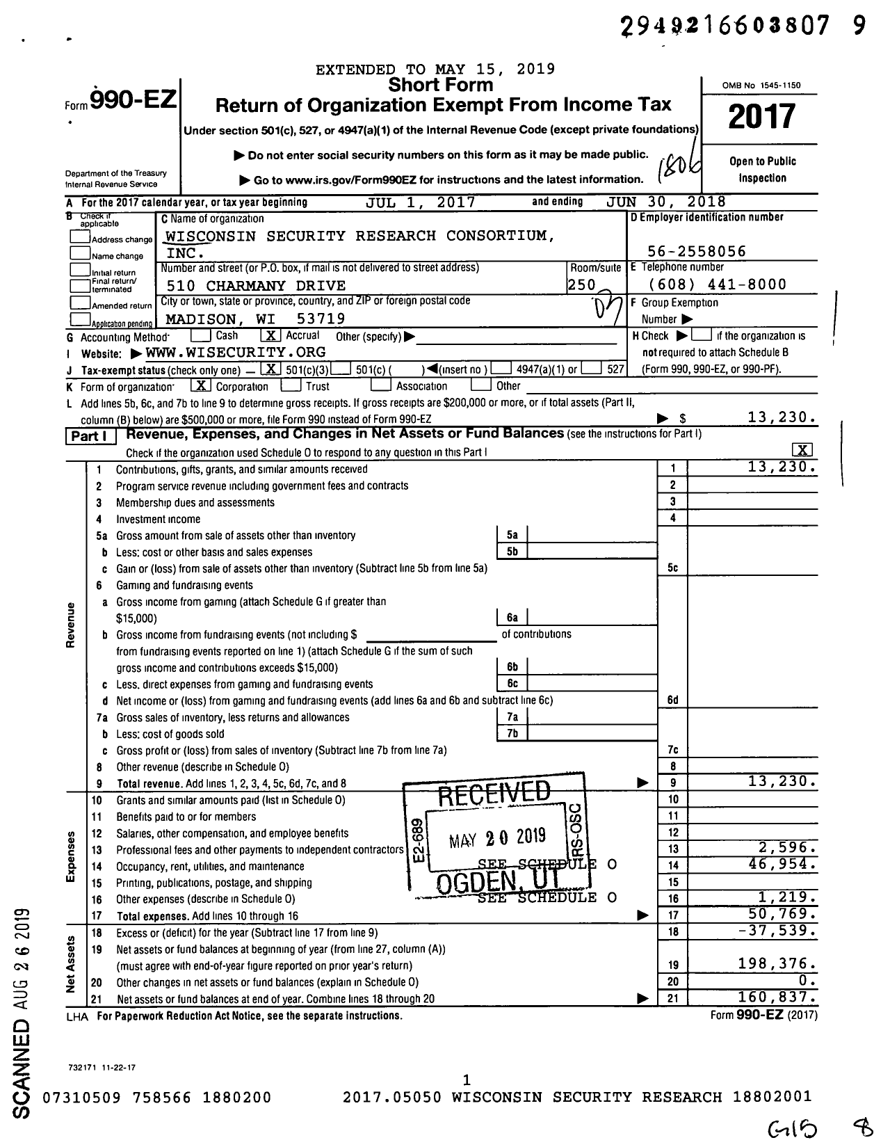 Image of first page of 2017 Form 990EZ for Wisconsin Security Research Consortium