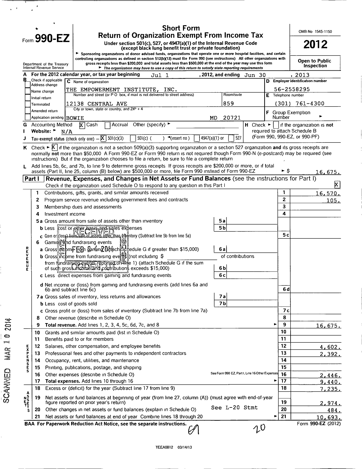 Image of first page of 2012 Form 990EZ for The Empowerment Institute