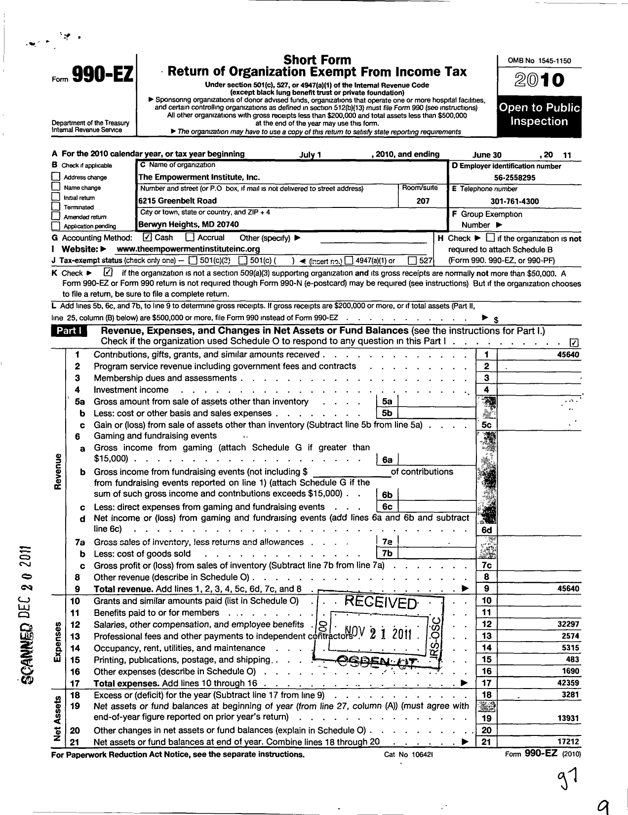 Image of first page of 2010 Form 990EO for The Empowerment Institute