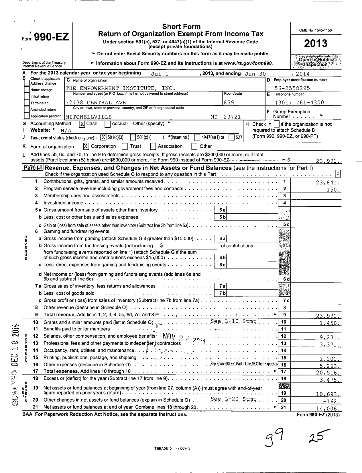 Image of first page of 2013 Form 990EZ for The Empowerment Institute