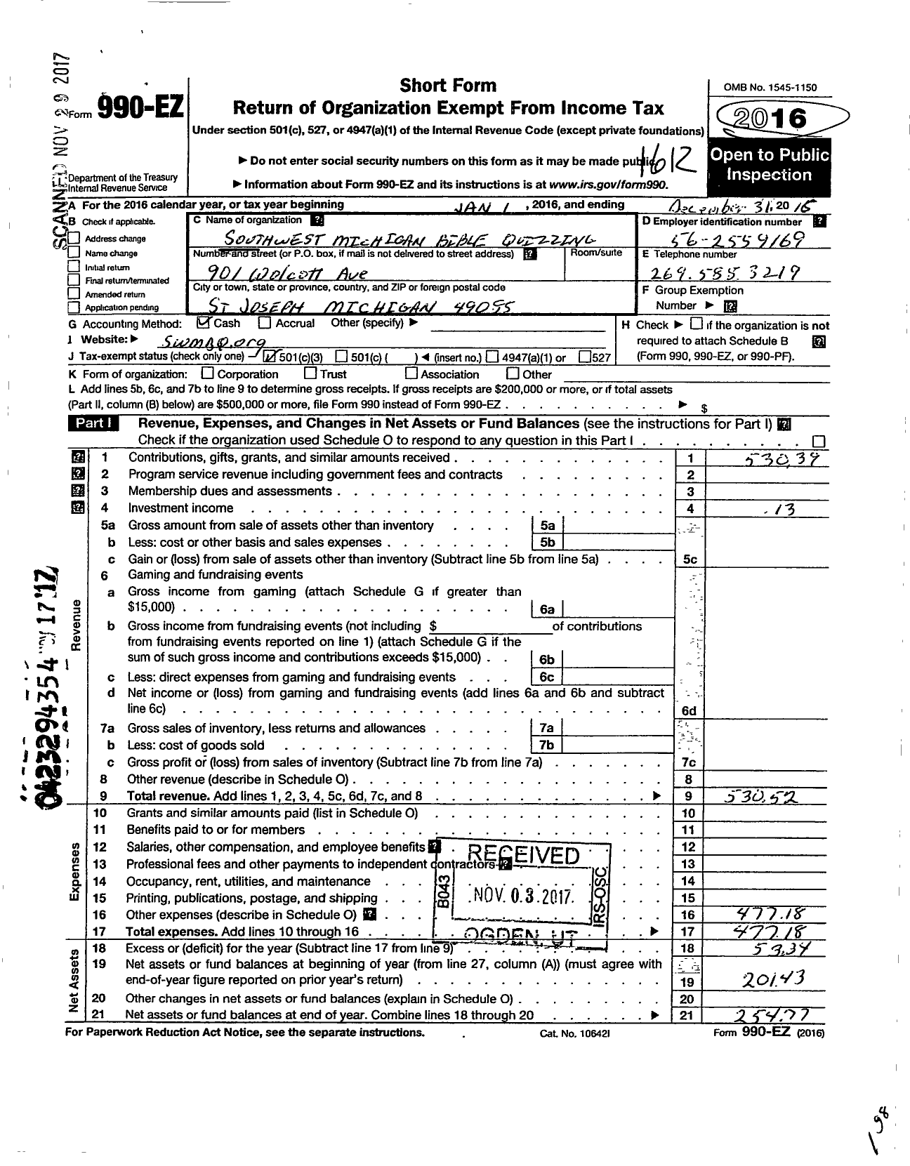 Image of first page of 2016 Form 990EZ for Southwest Michigan Bible Quizzing