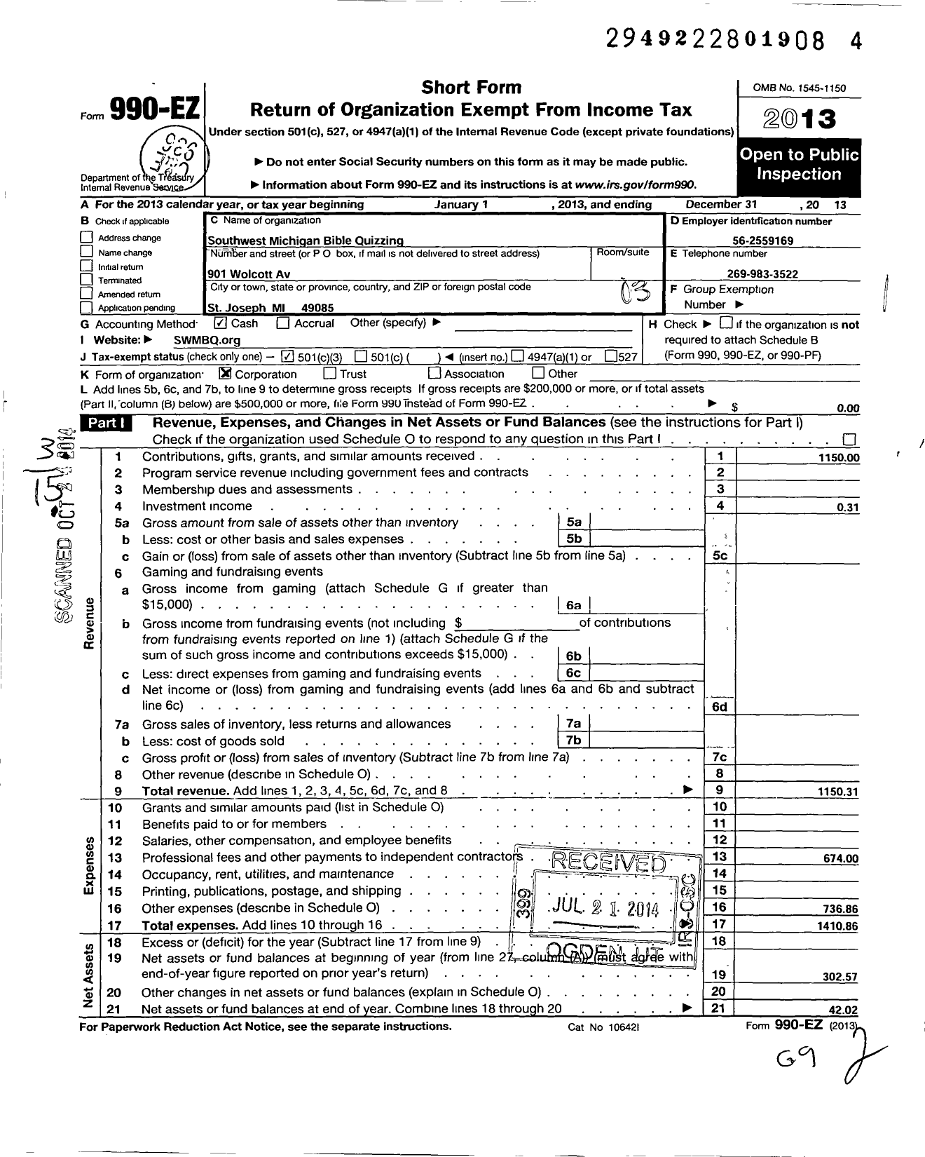 Image of first page of 2013 Form 990EZ for Southwest Michigan Bible Quizzing