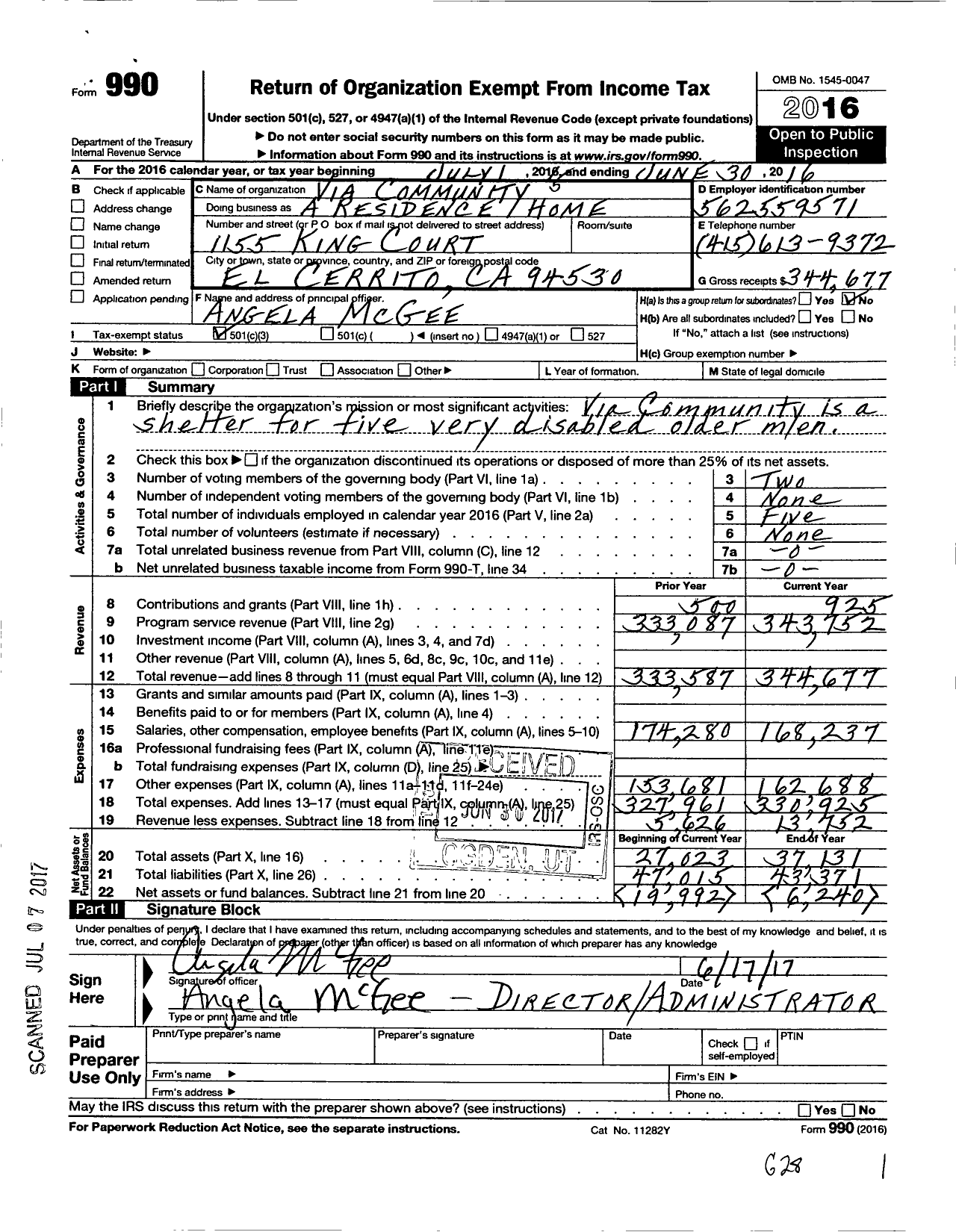 Image of first page of 2015 Form 990 for Via Community / A Residence Home