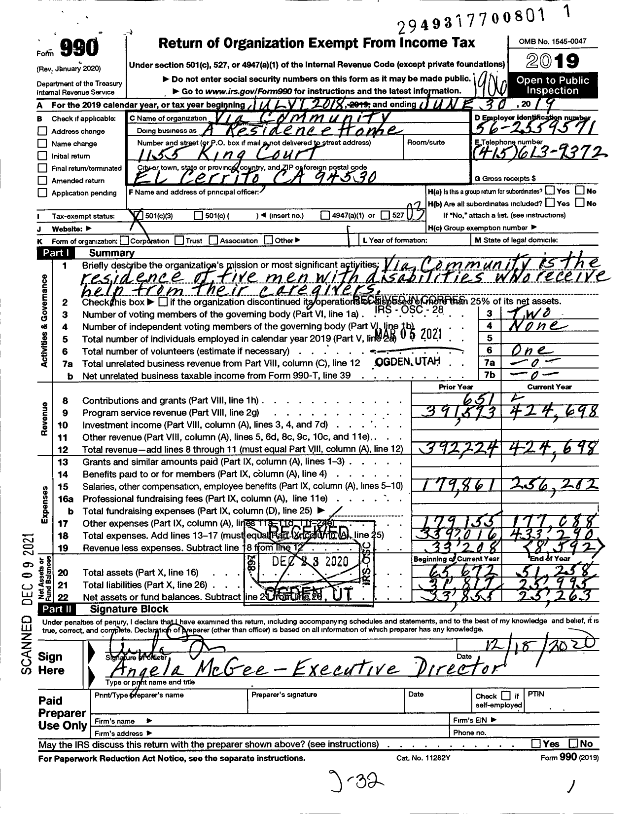 Image of first page of 2018 Form 990 for Via Community / A Residence Home