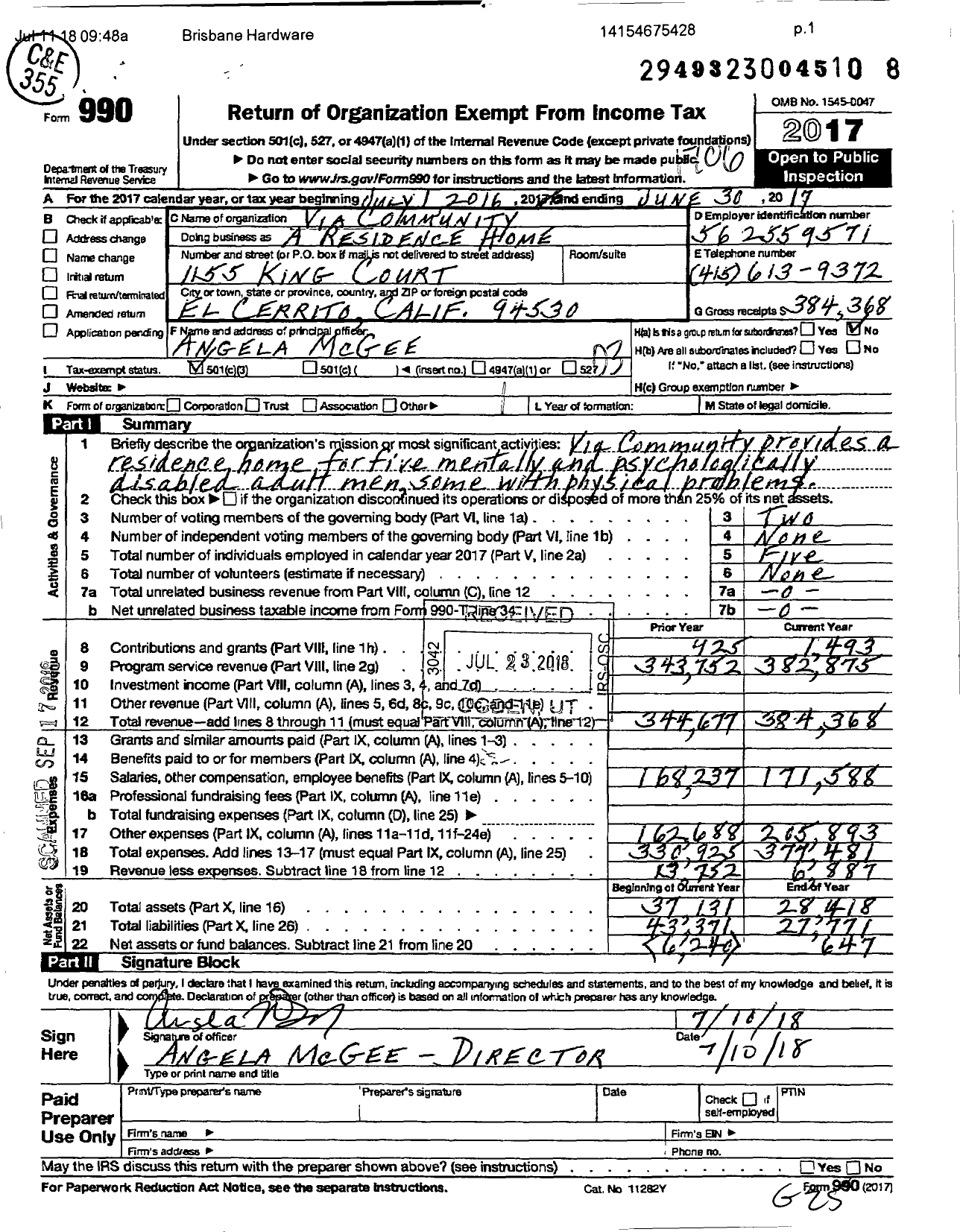 Image of first page of 2016 Form 990 for Via Community / A Residence Home