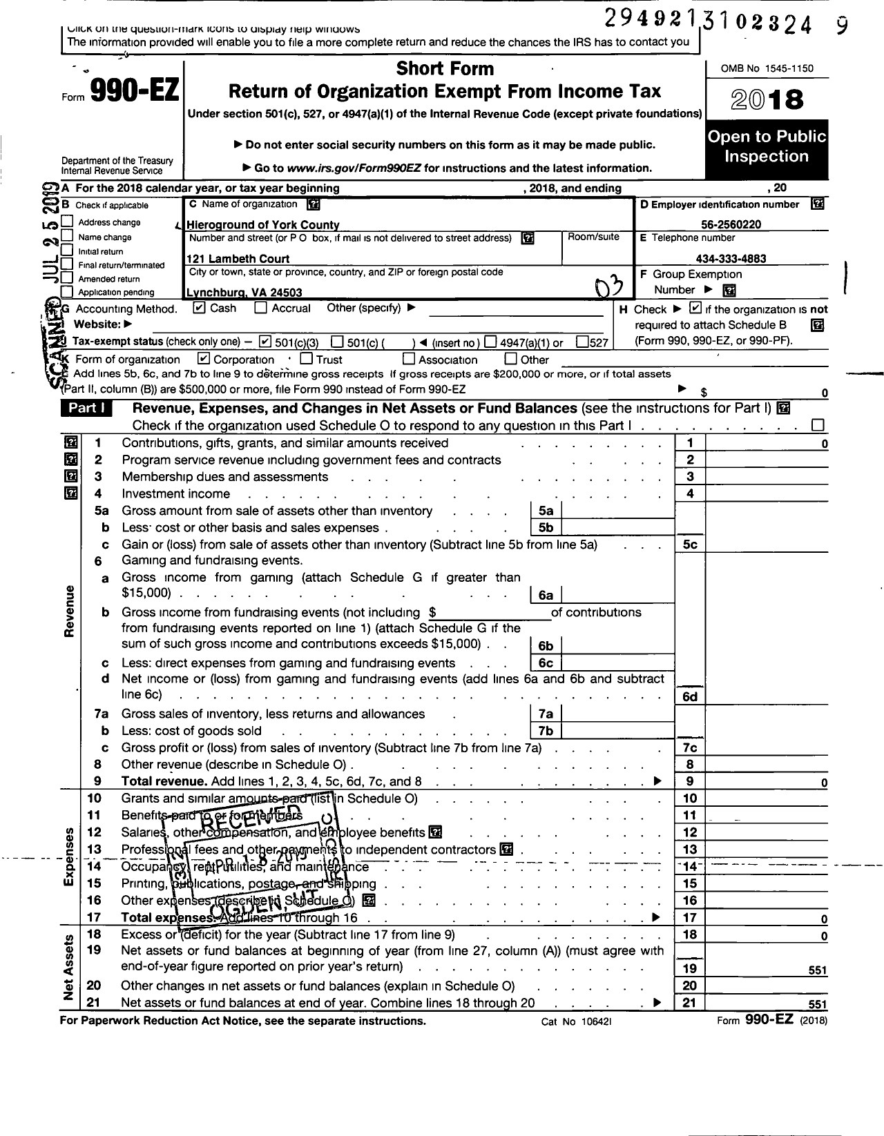 Image of first page of 2018 Form 990EZ for Hier0ground of York County