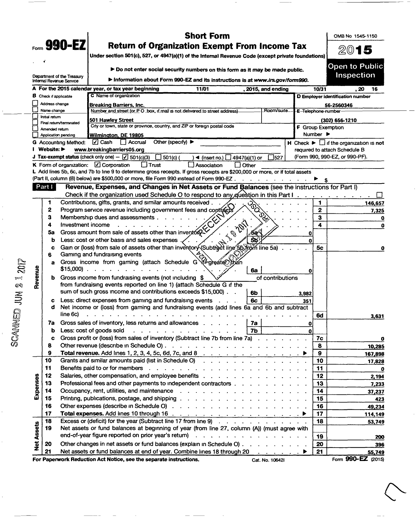 Image of first page of 2015 Form 990EZ for Breaking Barriers Rowing and Fitness