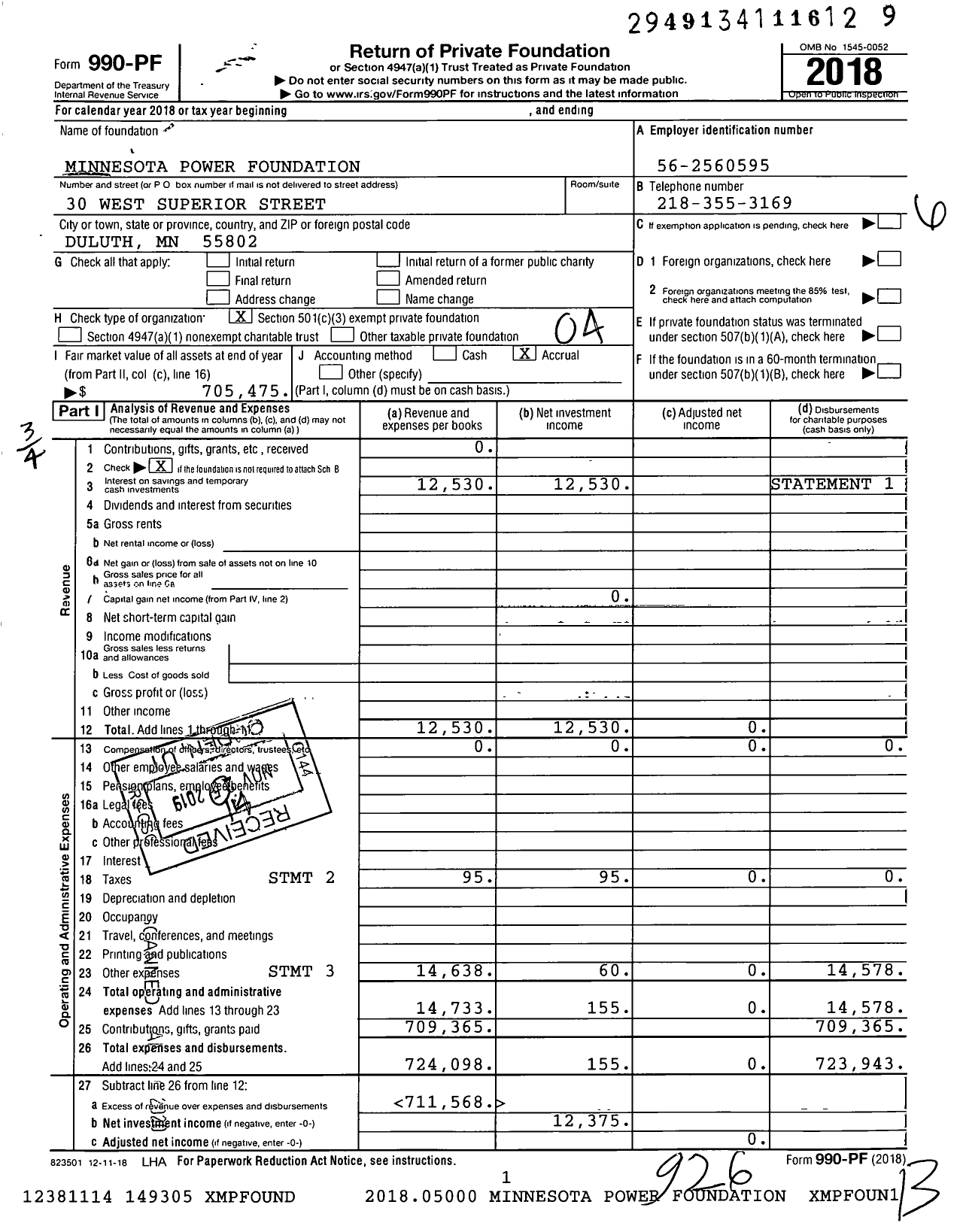 Image of first page of 2018 Form 990PF for Minnesota Power Foundation