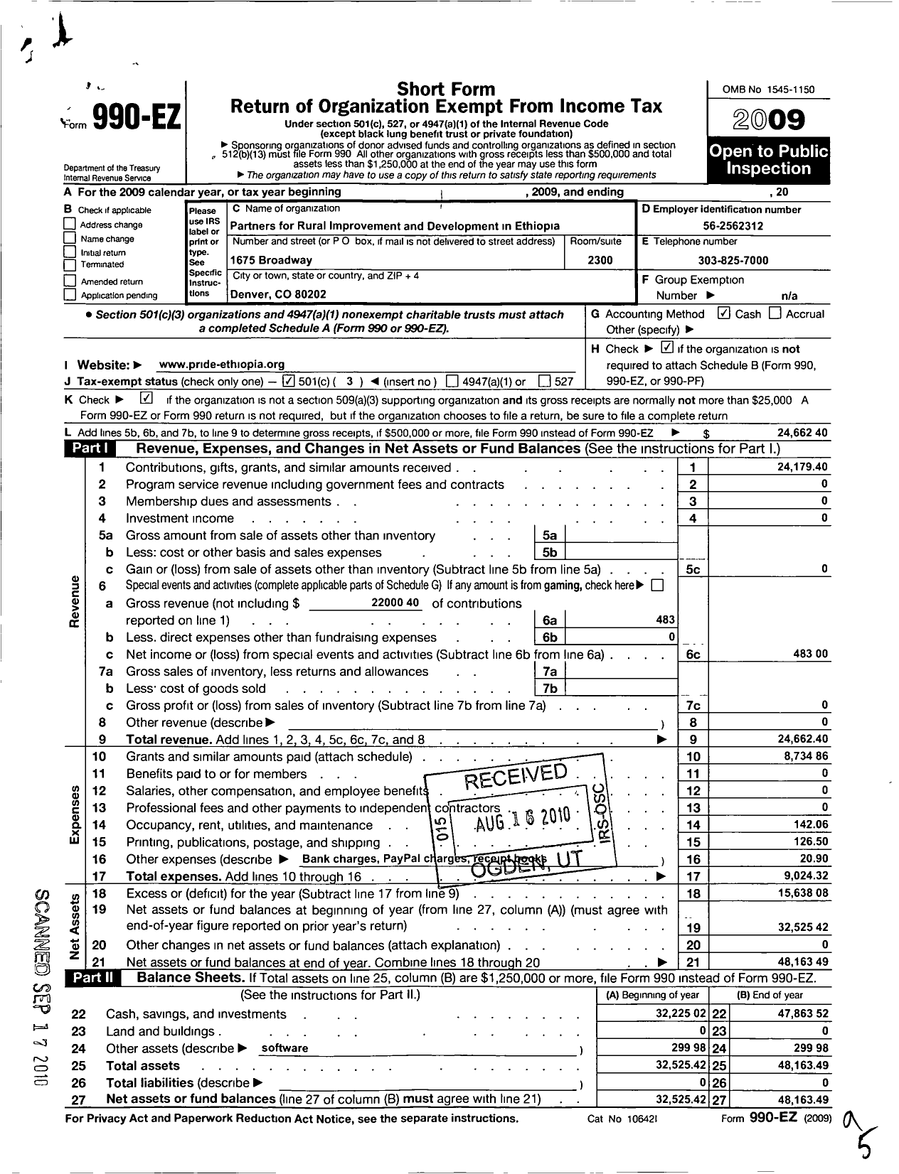 Image of first page of 2009 Form 990EZ for Partners for Rural Improvement and Development in Ethiopia