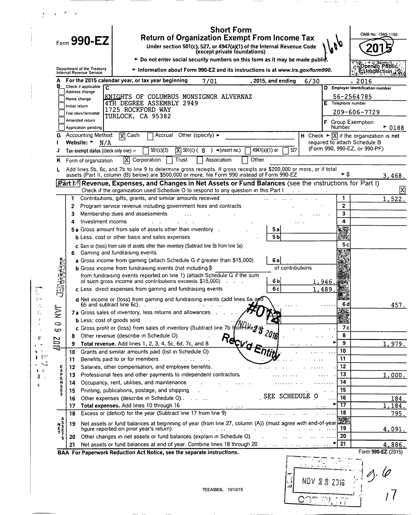 Image of first page of 2015 Form 990EO for Knights of Columbus - 2949 MSGR Alvernaz Assembly