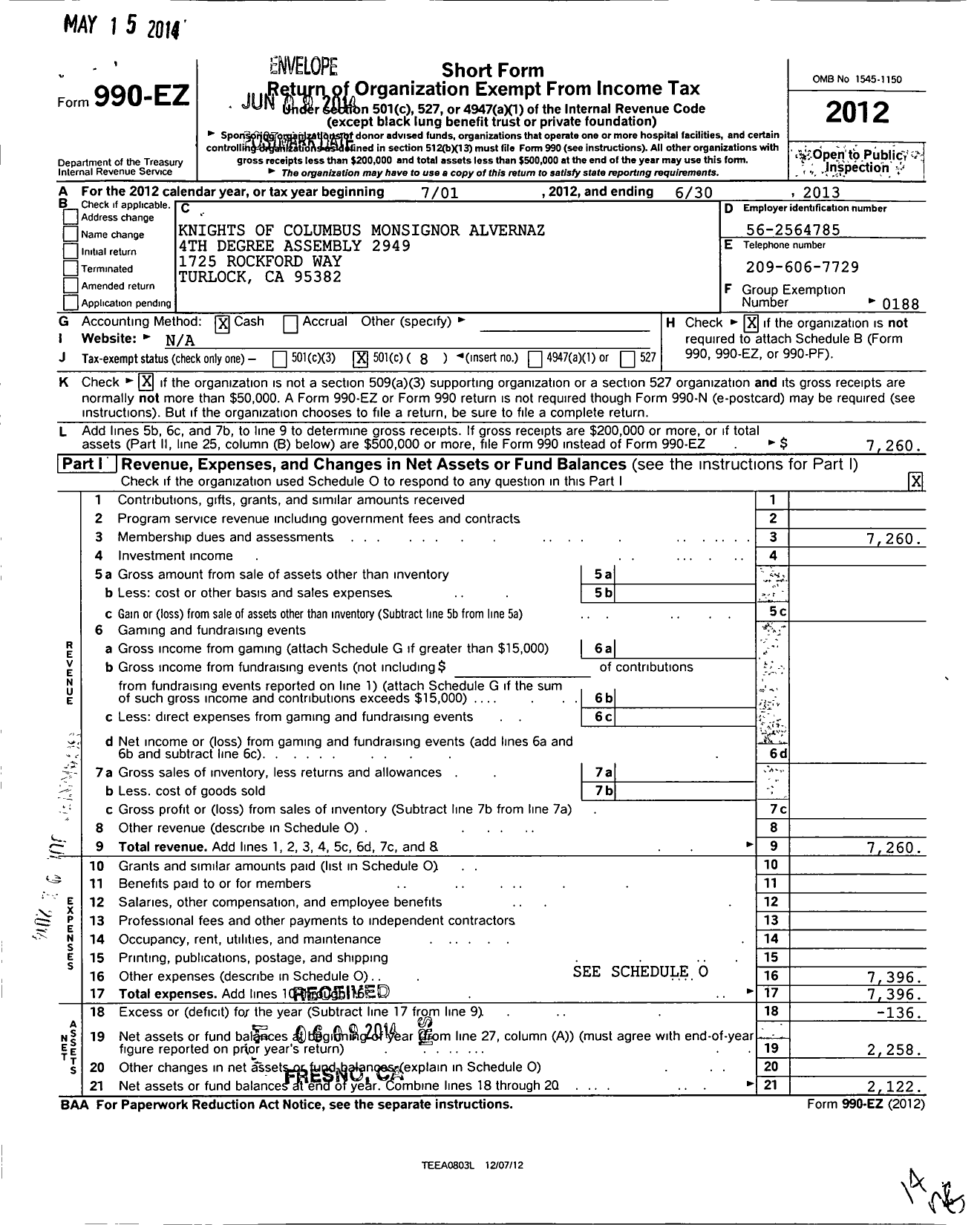 Image of first page of 2012 Form 990EO for Knights of Columbus - 2949 MSGR Alvernaz Assembly