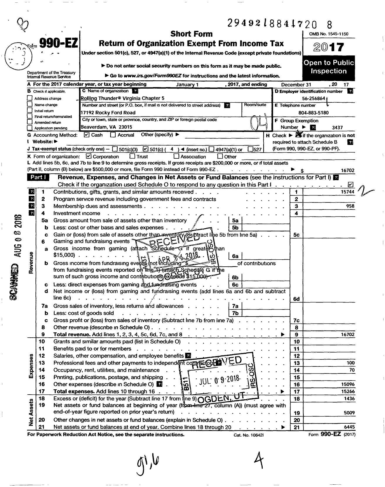 Image of first page of 2017 Form 990EO for Rolling Thunder - R T Chap 5 Va