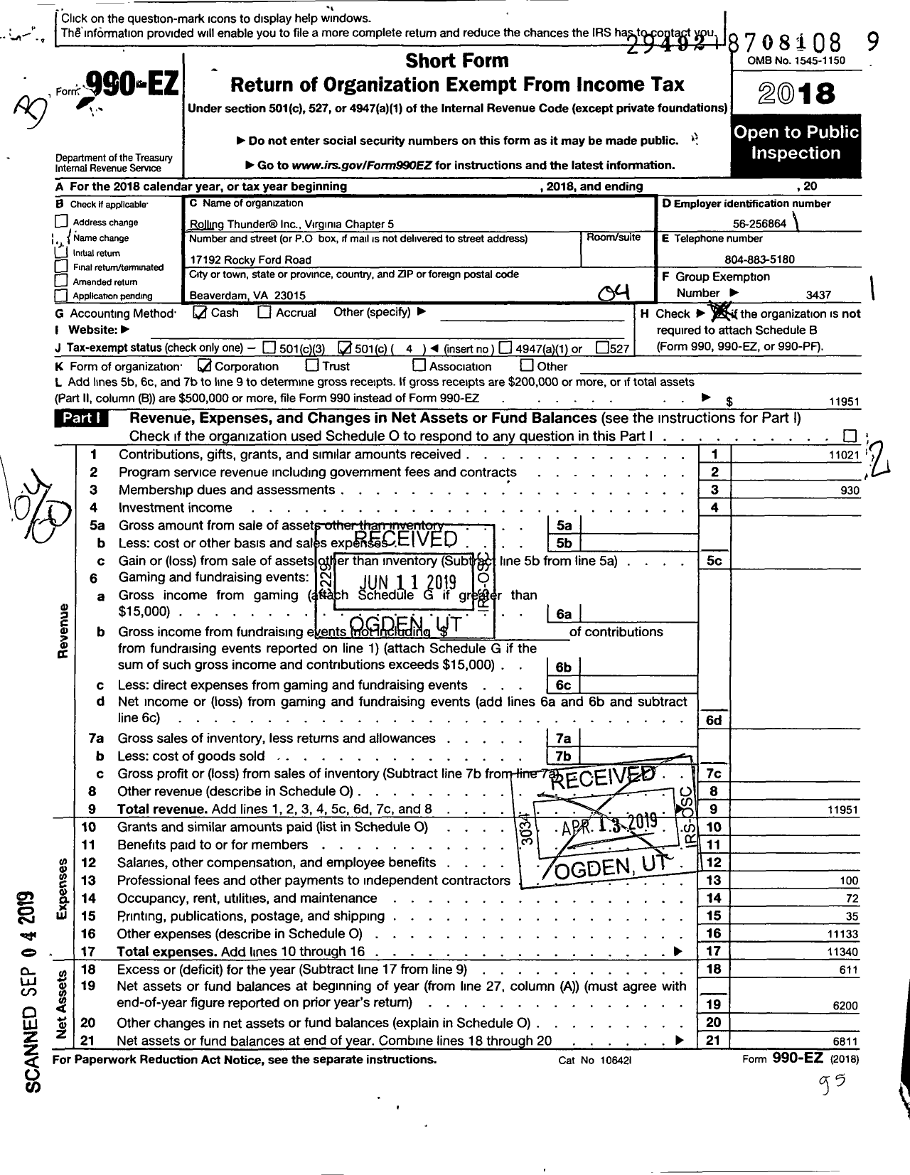 Image of first page of 2018 Form 990EO for Rolling Thunder - R T Chap 5 Va