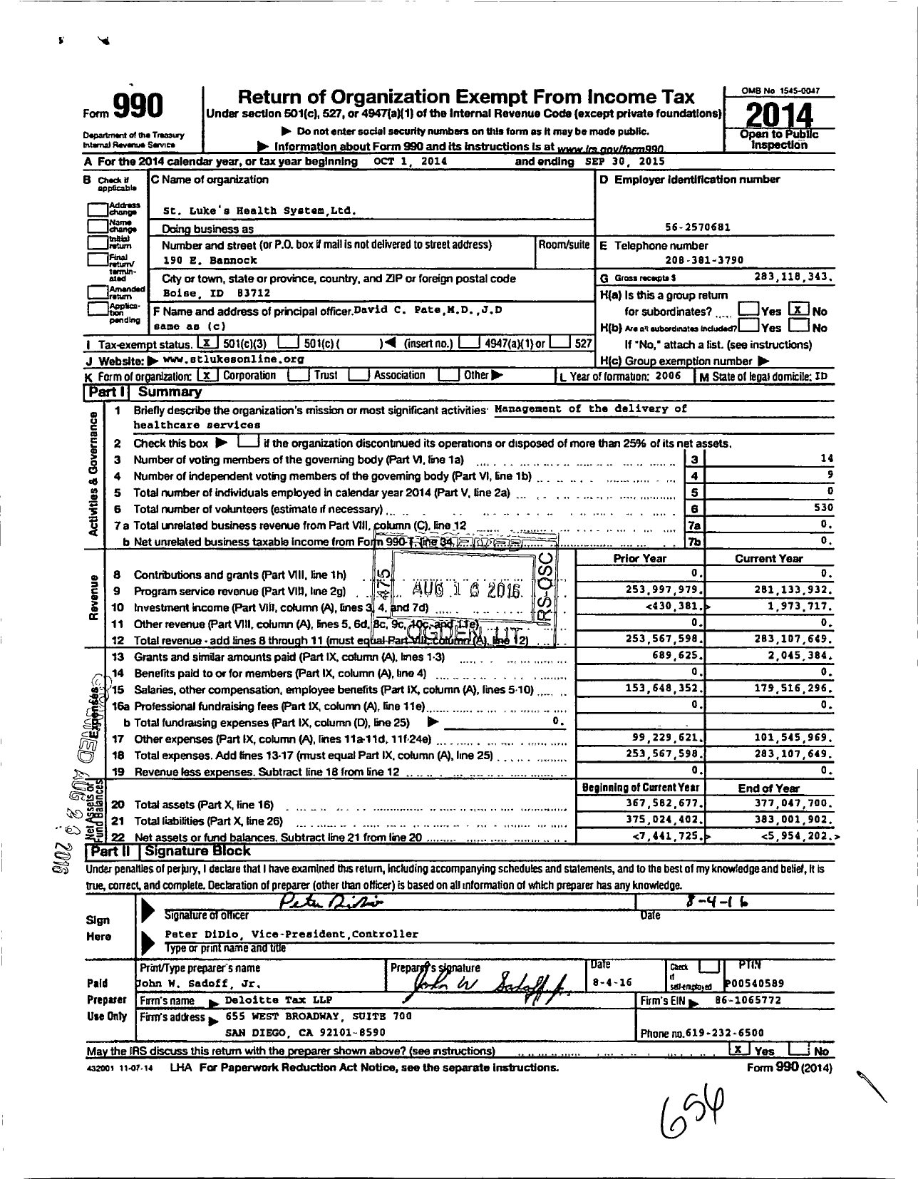 Image of first page of 2014 Form 990 for Saint Luke's Health System (SLHS)