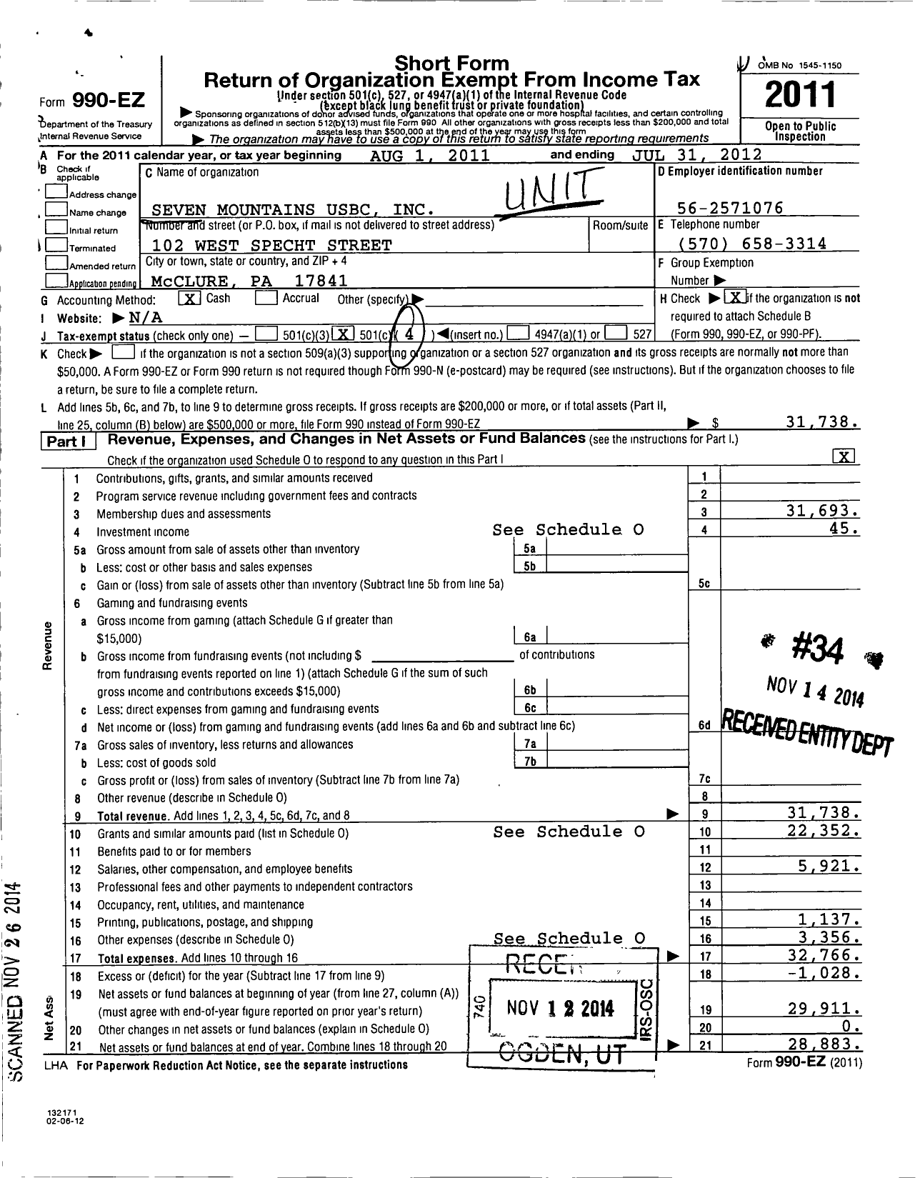 Image of first page of 2011 Form 990EO for Seven Mountains Usbc