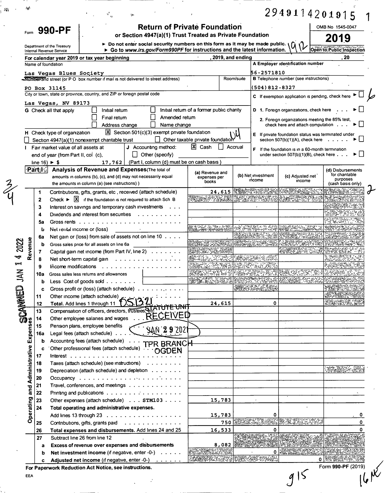 Image of first page of 2019 Form 990PF for Las Vegas Blues Society