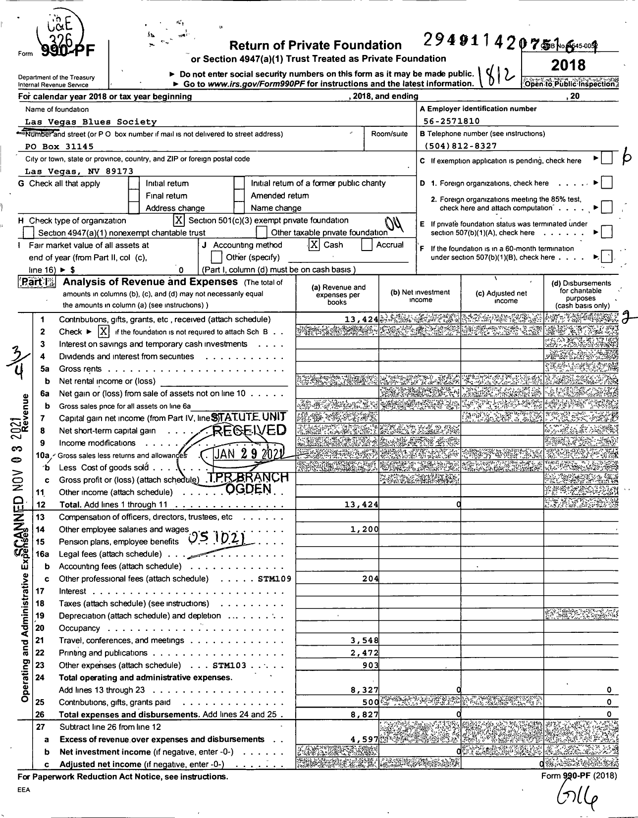 Image of first page of 2018 Form 990PF for Las Vegas Blues Society