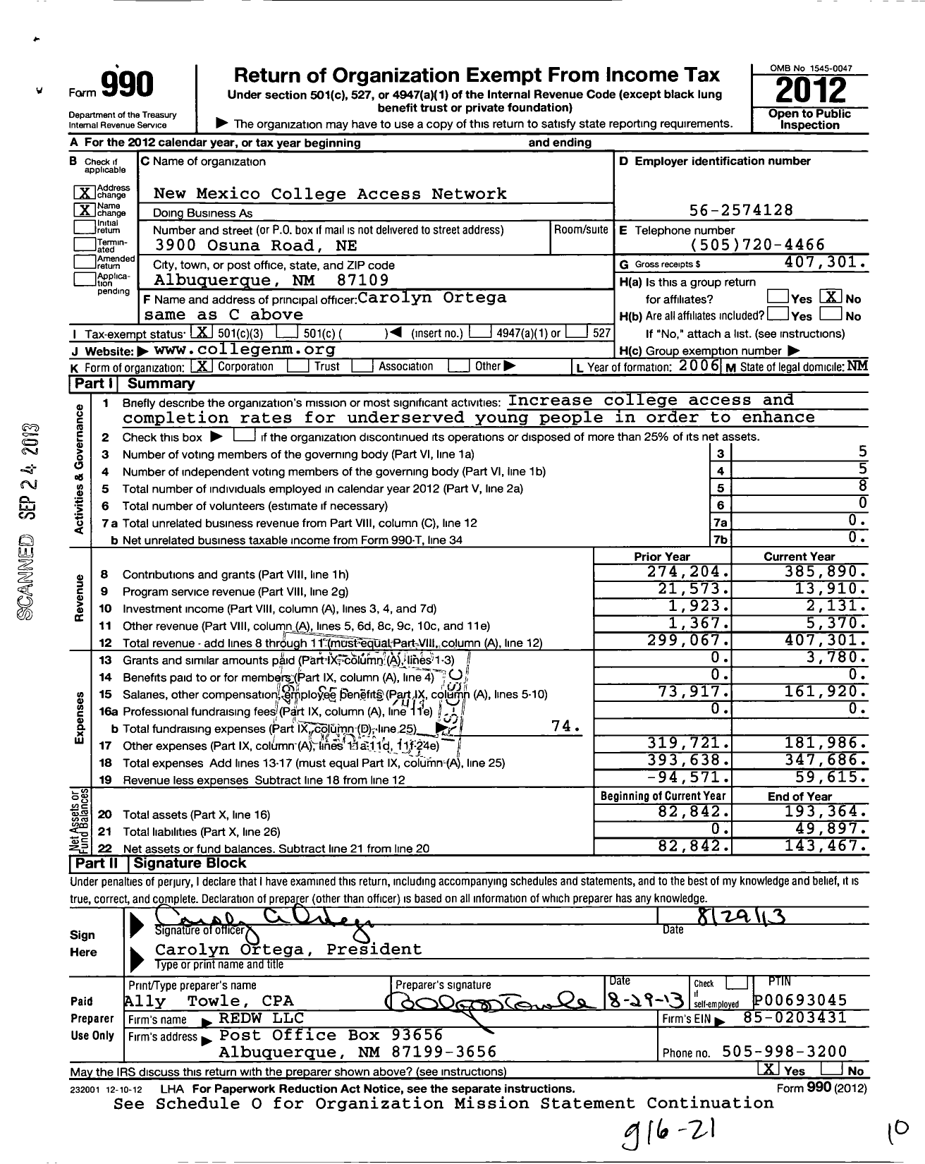 Image of first page of 2012 Form 990 for New Mexico College Access Network