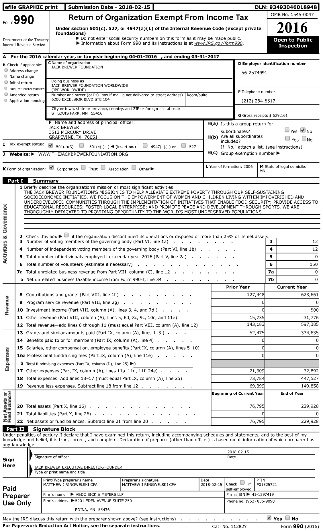 Image of first page of 2016 Form 990 for Jack Brewer Foundation World Wide