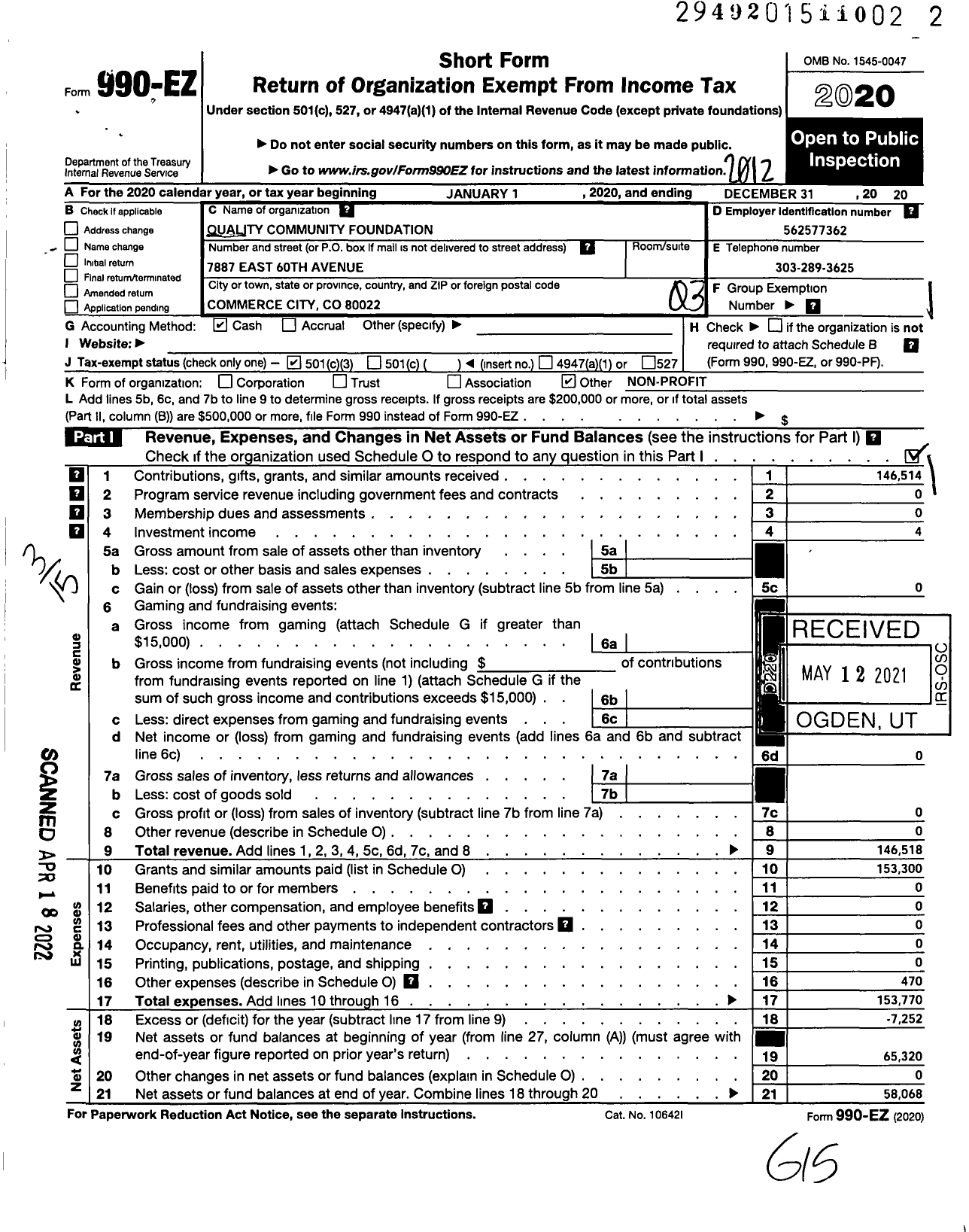 Image of first page of 2020 Form 990EZ for Quality Community Foundation