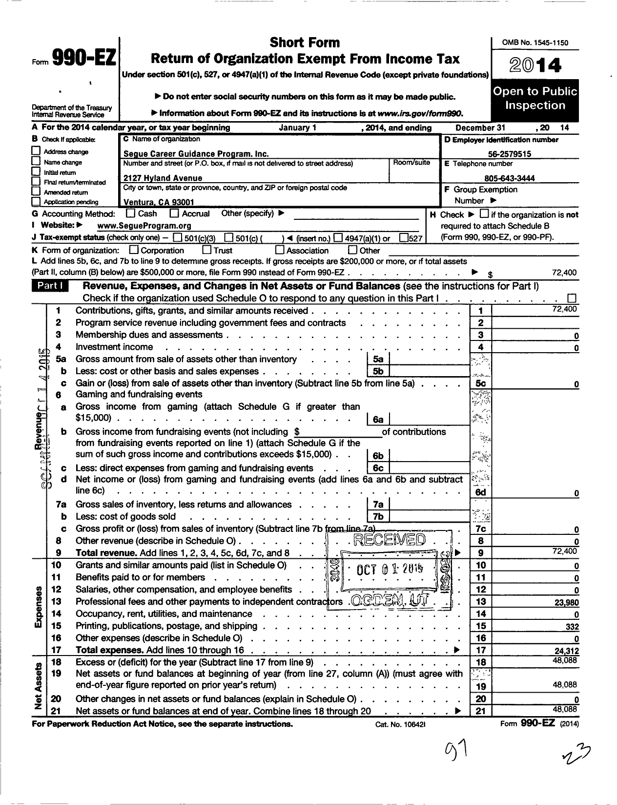 Image of first page of 2014 Form 990EO for Segue Career Guidance Program