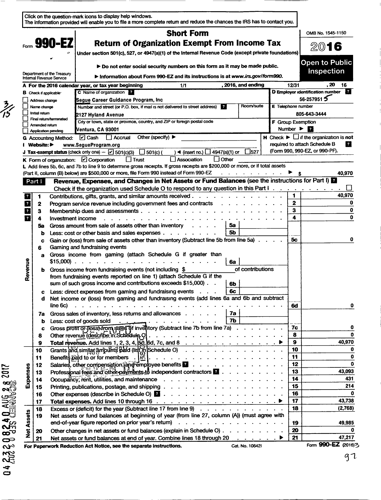 Image of first page of 2016 Form 990EZ for Segue Career Guidance Program