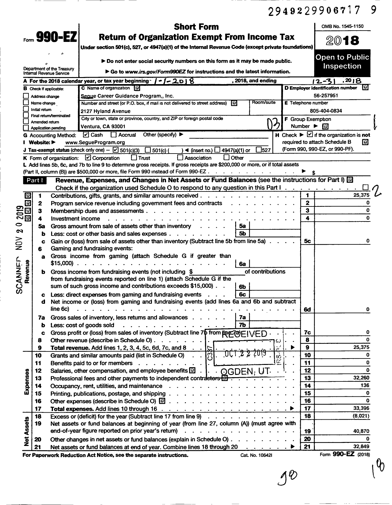 Image of first page of 2018 Form 990EZ for Segue Career Guidance Program