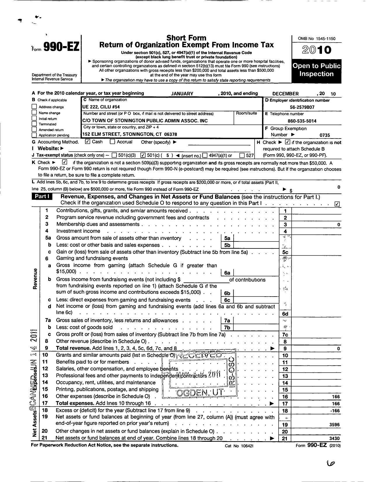 Image of first page of 2010 Form 990EO for United Electrical Radio and Machine Workers of America / 222-54 Ur Local