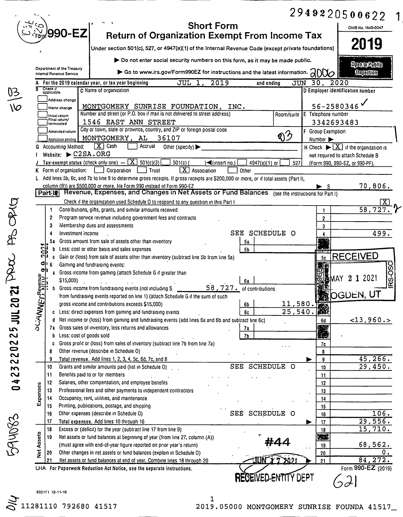 Image of first page of 2019 Form 990EZ for Montgomery Sunrise Foundation