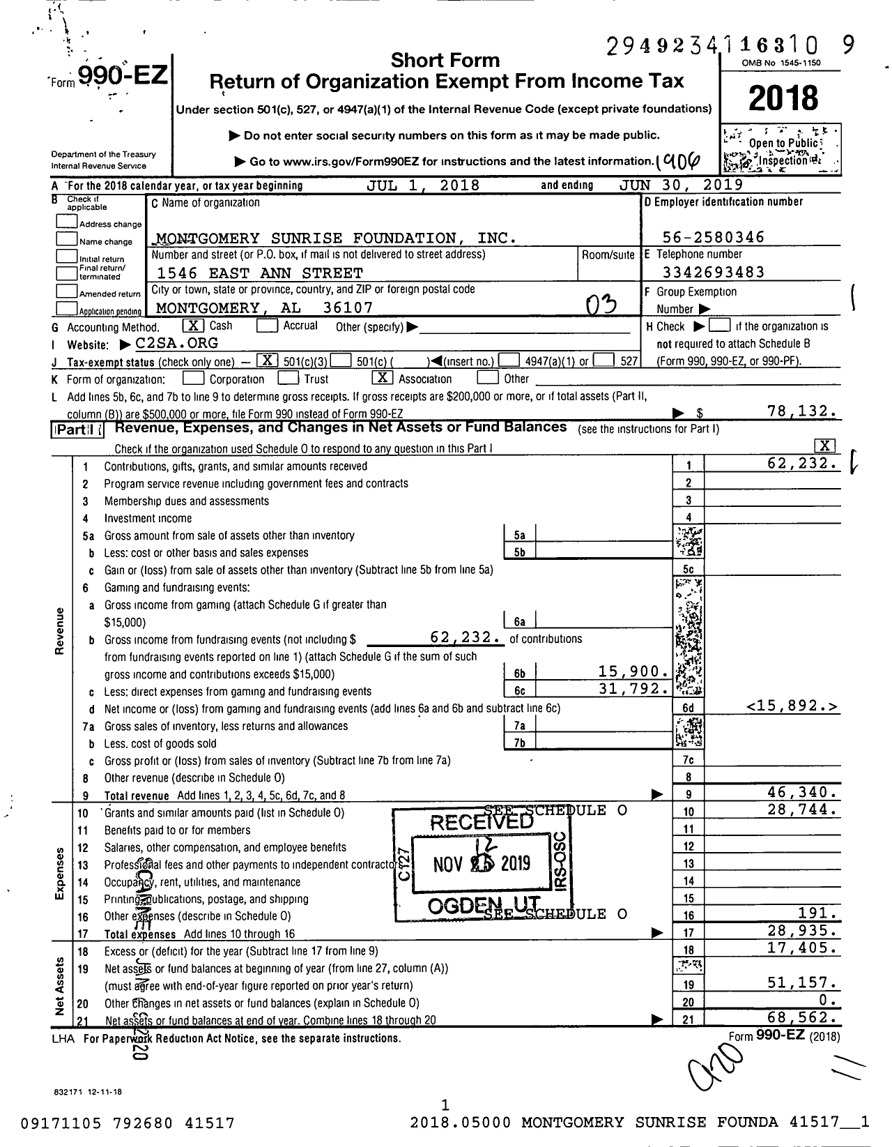 Image of first page of 2018 Form 990EZ for Montgomery Sunrise Foundation