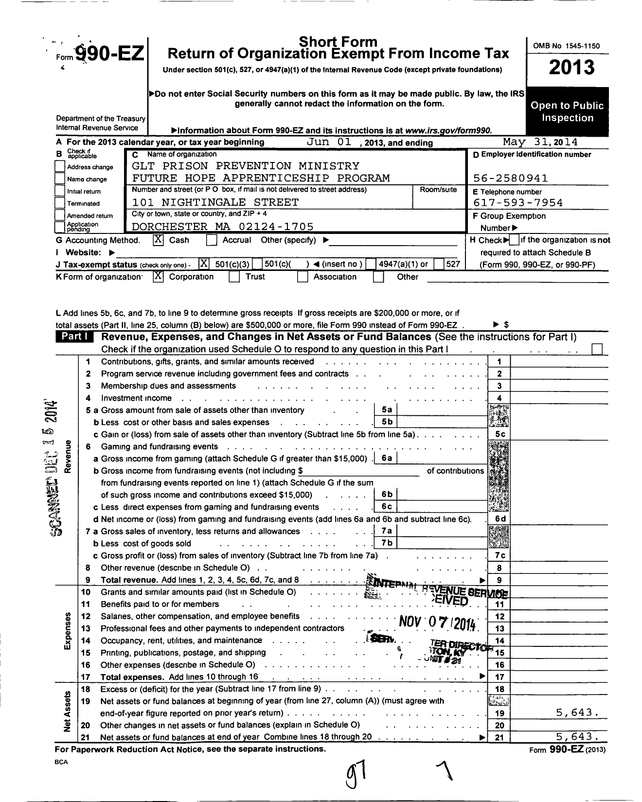 Image of first page of 2013 Form 990EZ for GLT Prison Prevention Ministry Future Hope Apprenticeship Progra