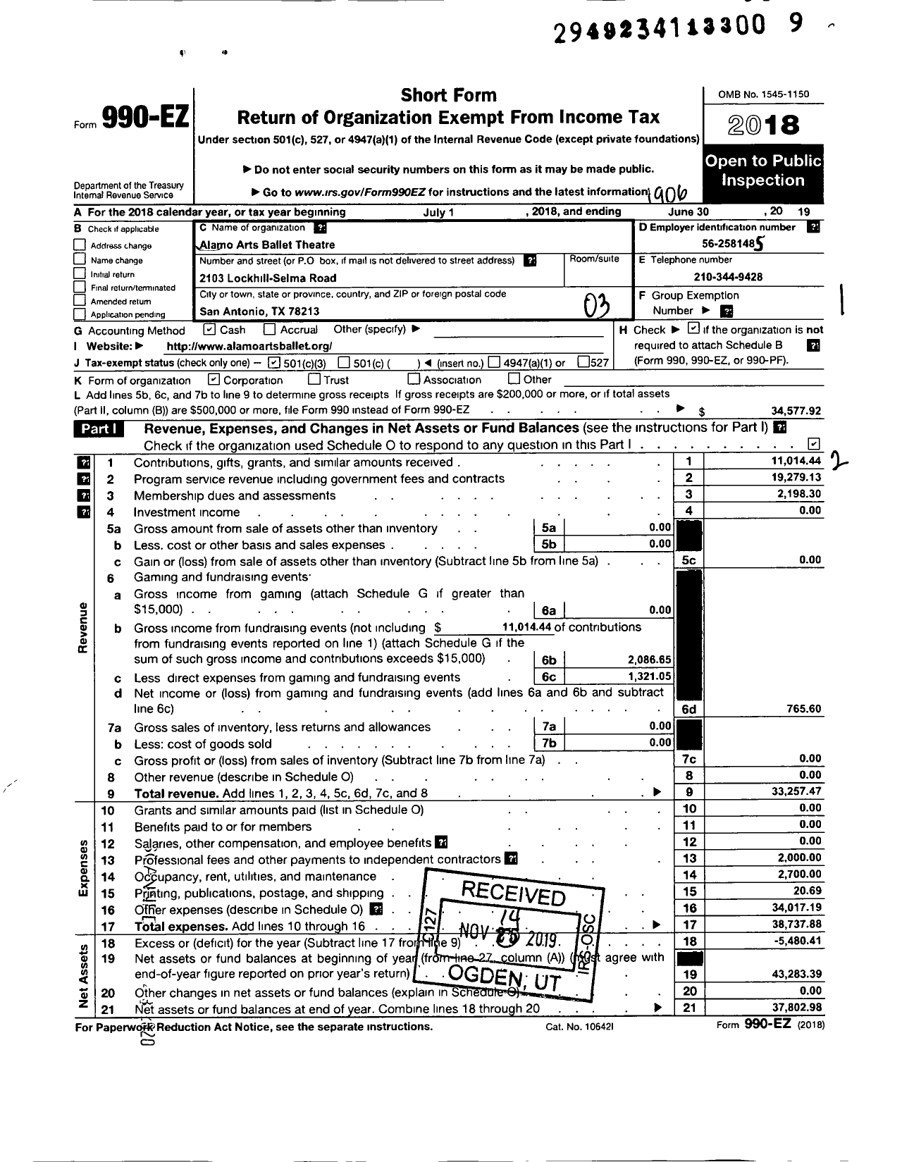 Image of first page of 2018 Form 990EZ for Alamo Arts Ballet Theatre