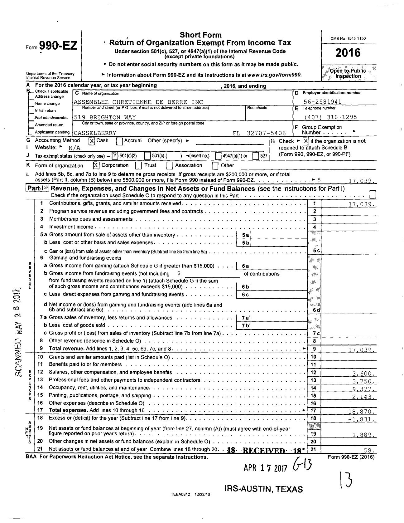 Image of first page of 2016 Form 990EZ for Assemblee Chretienne de Beree