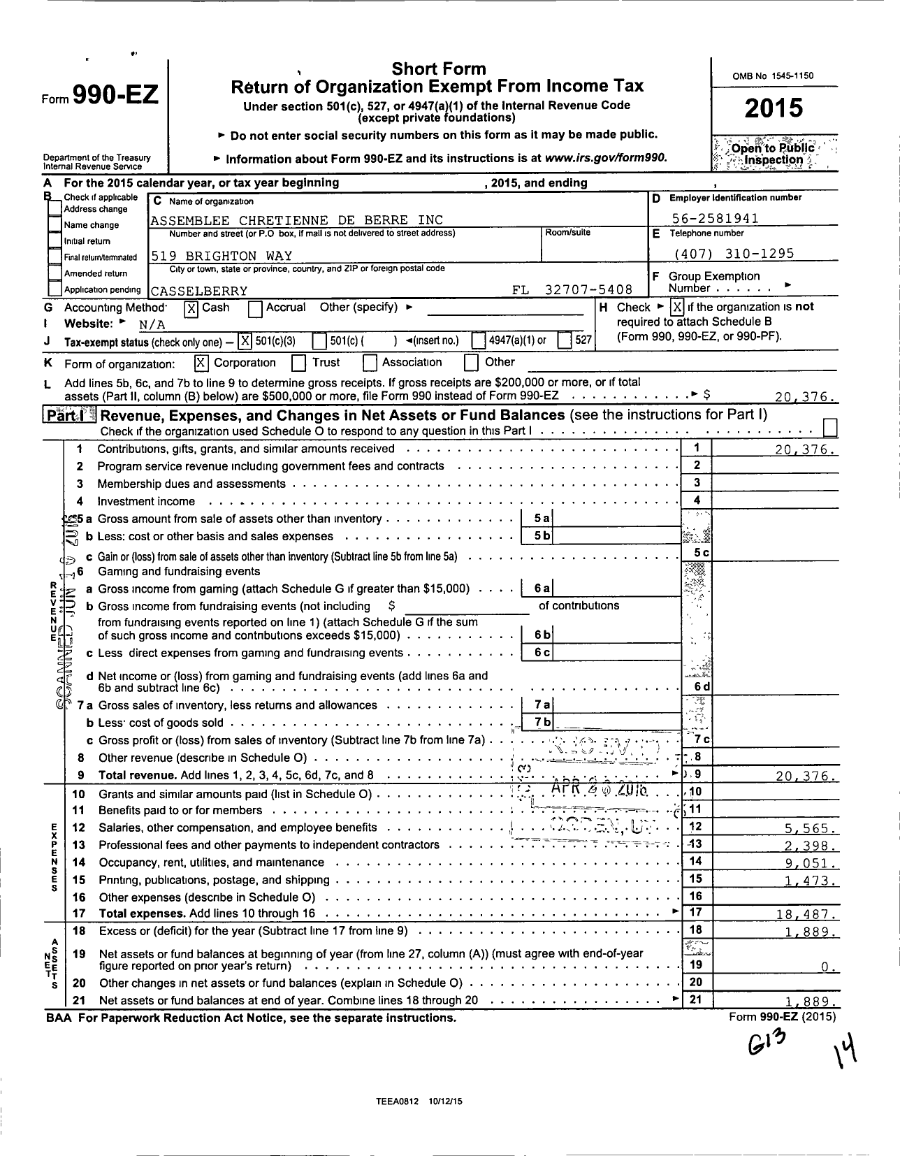 Image of first page of 2015 Form 990EZ for Assemblee Chretienne de Beree