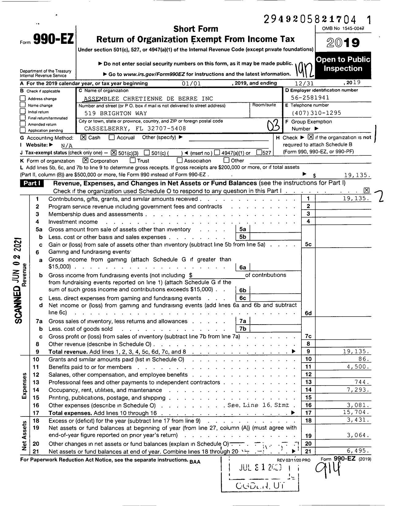 Image of first page of 2019 Form 990EZ for Assemblee Chretienne de Beree