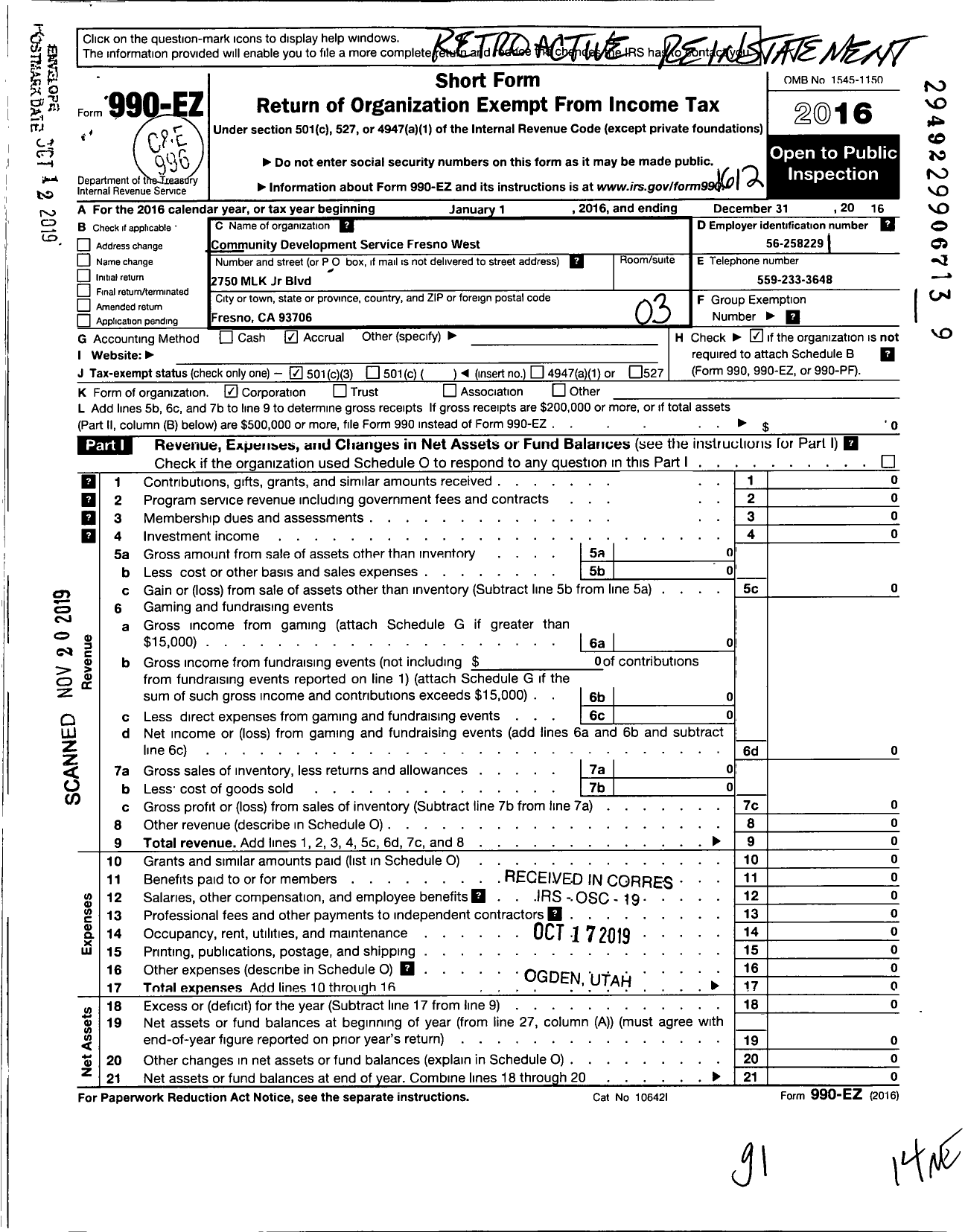 Image of first page of 2016 Form 990EZ for Community Development Service of Fresno West