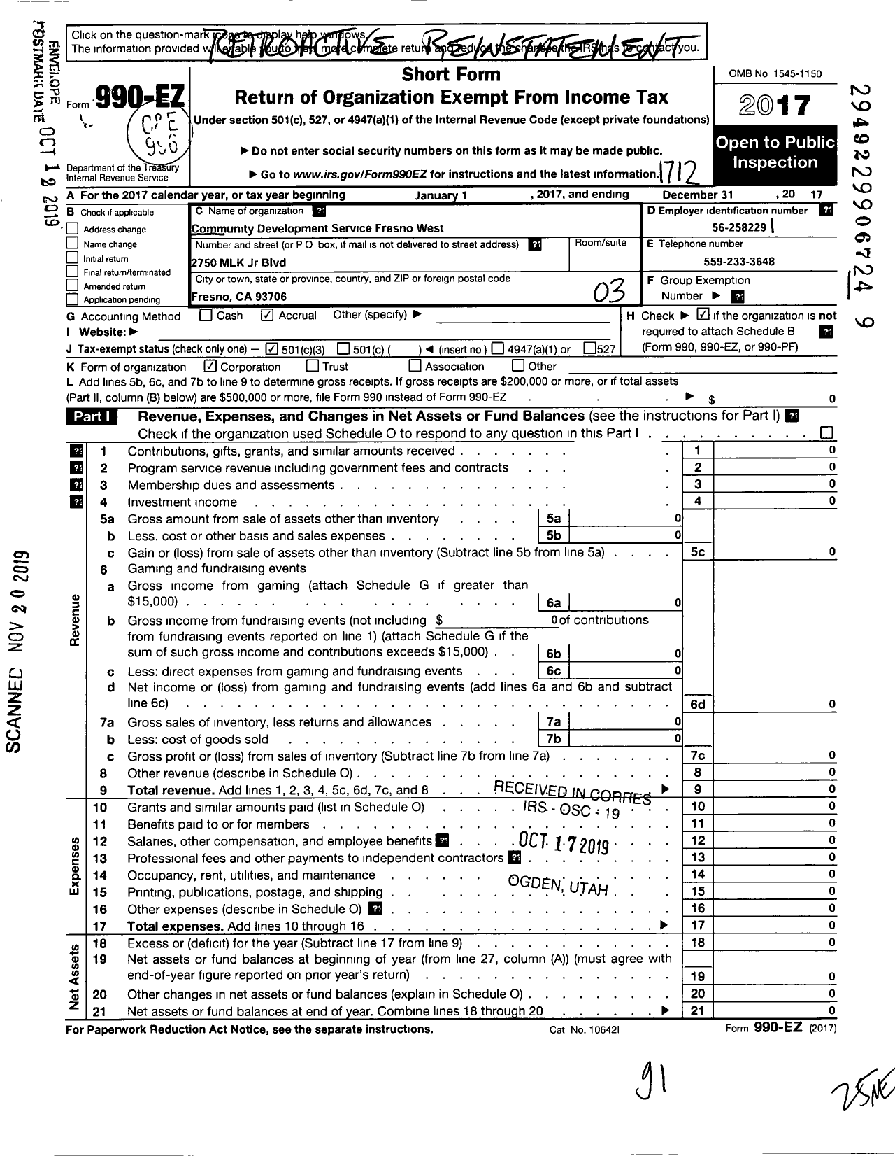 Image of first page of 2017 Form 990EZ for Community Development Service of Fresno West