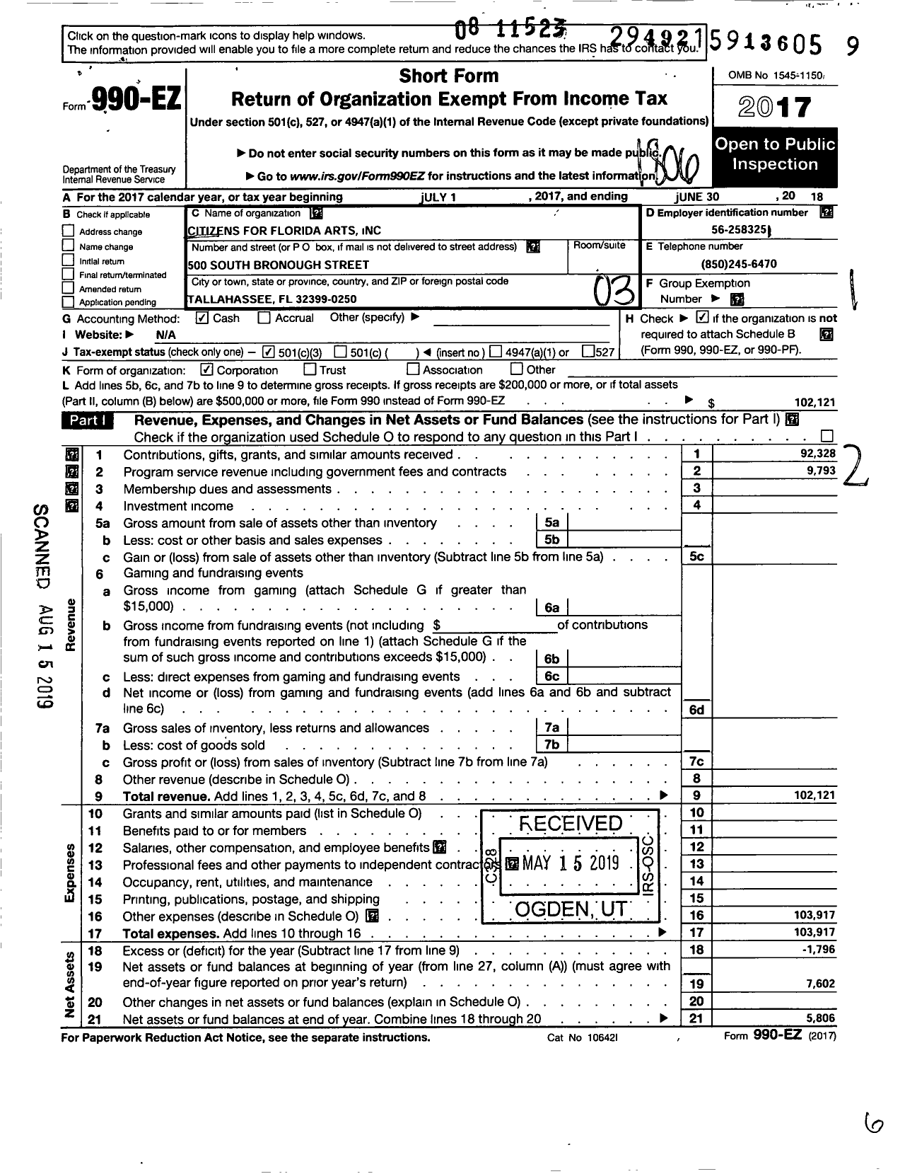 Image of first page of 2017 Form 990EZ for Citizens for Florida Arts