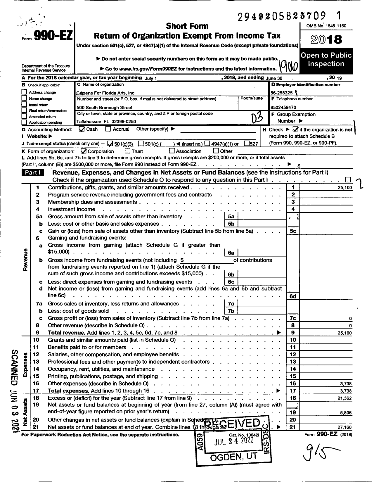 Image of first page of 2018 Form 990EZ for Citizens for Florida Arts