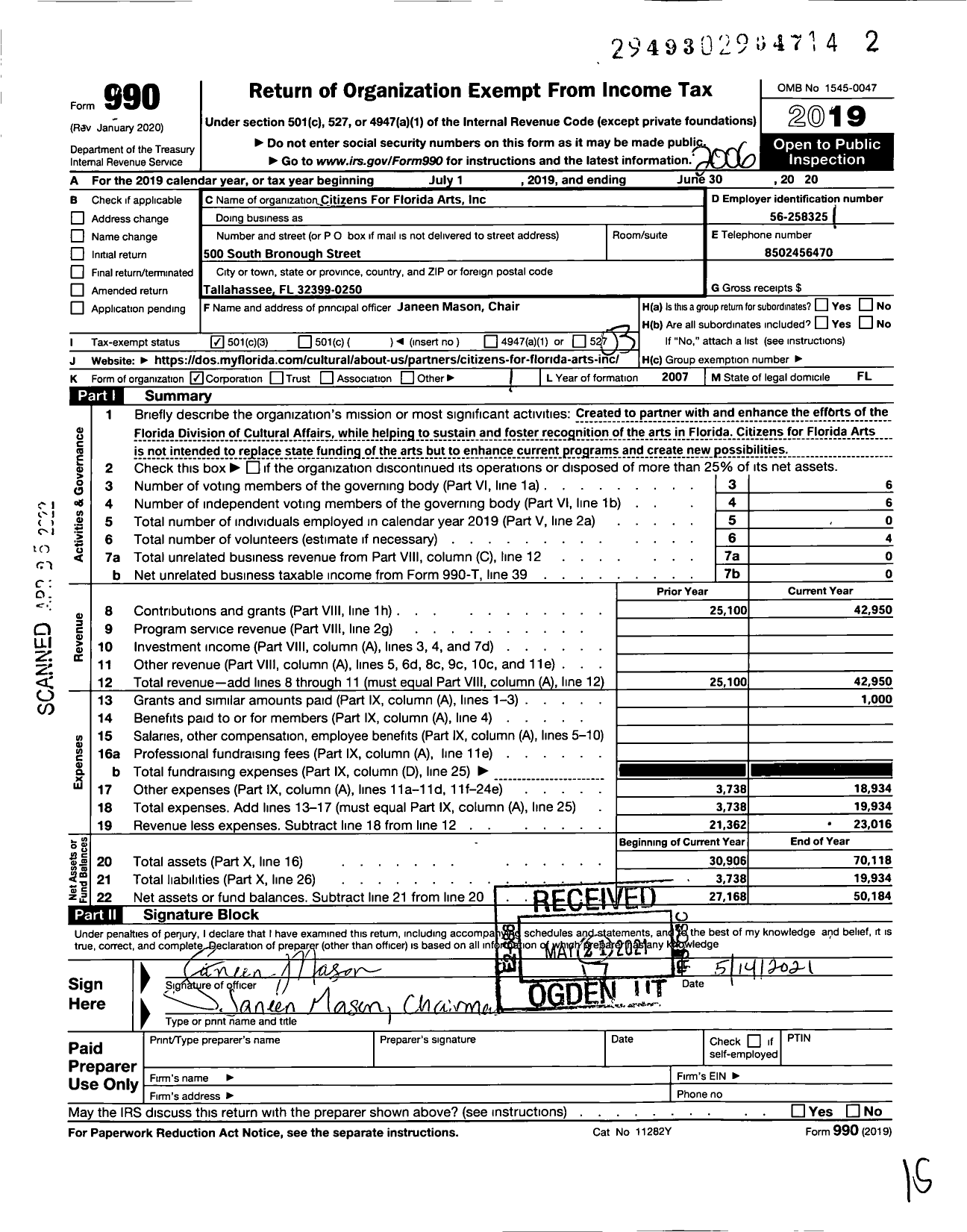 Image of first page of 2019 Form 990 for Citizens for Florida Arts