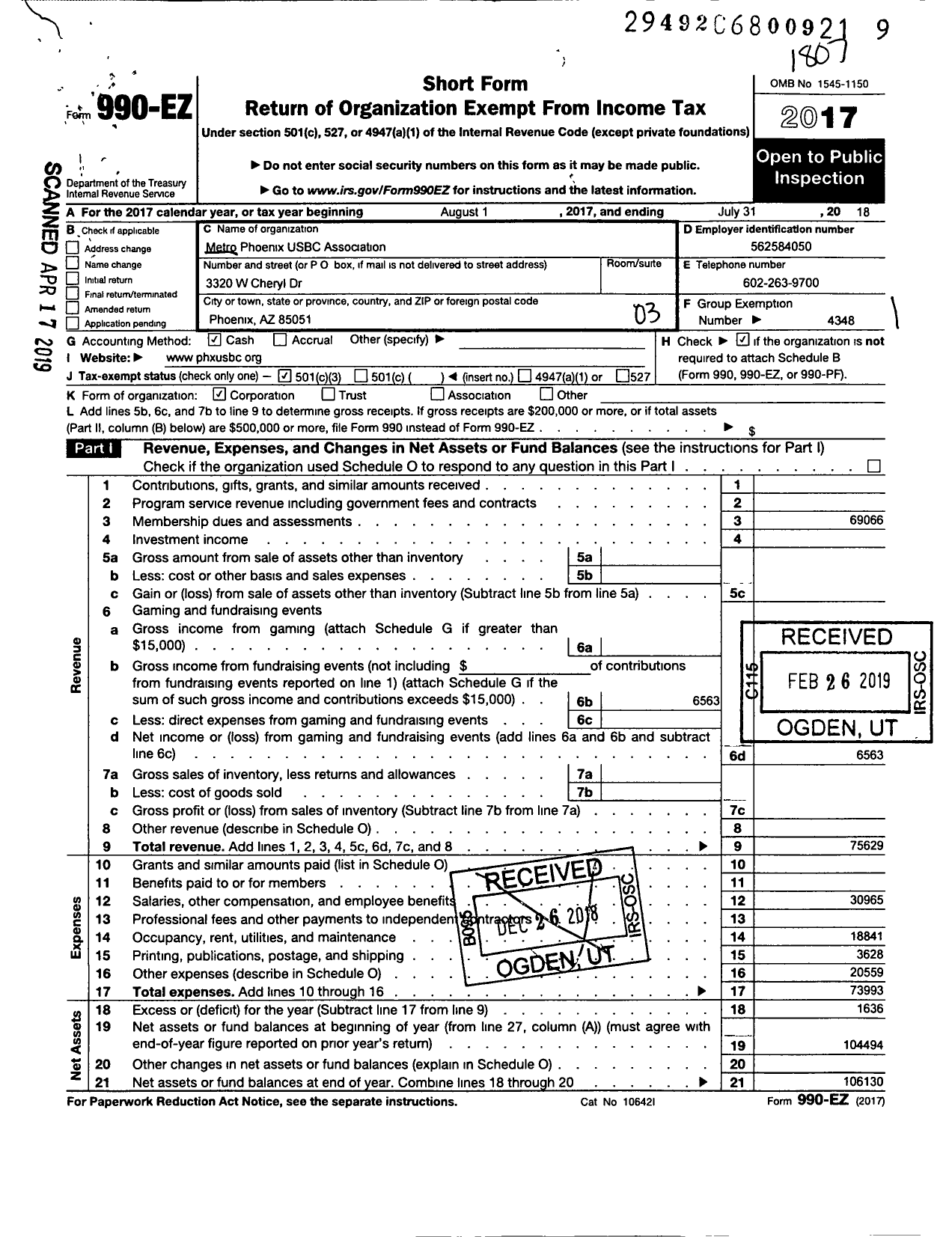 Image of first page of 2018 Form 990EZ for United States Bowling Congress - 82304 Metro Phoenix USBC