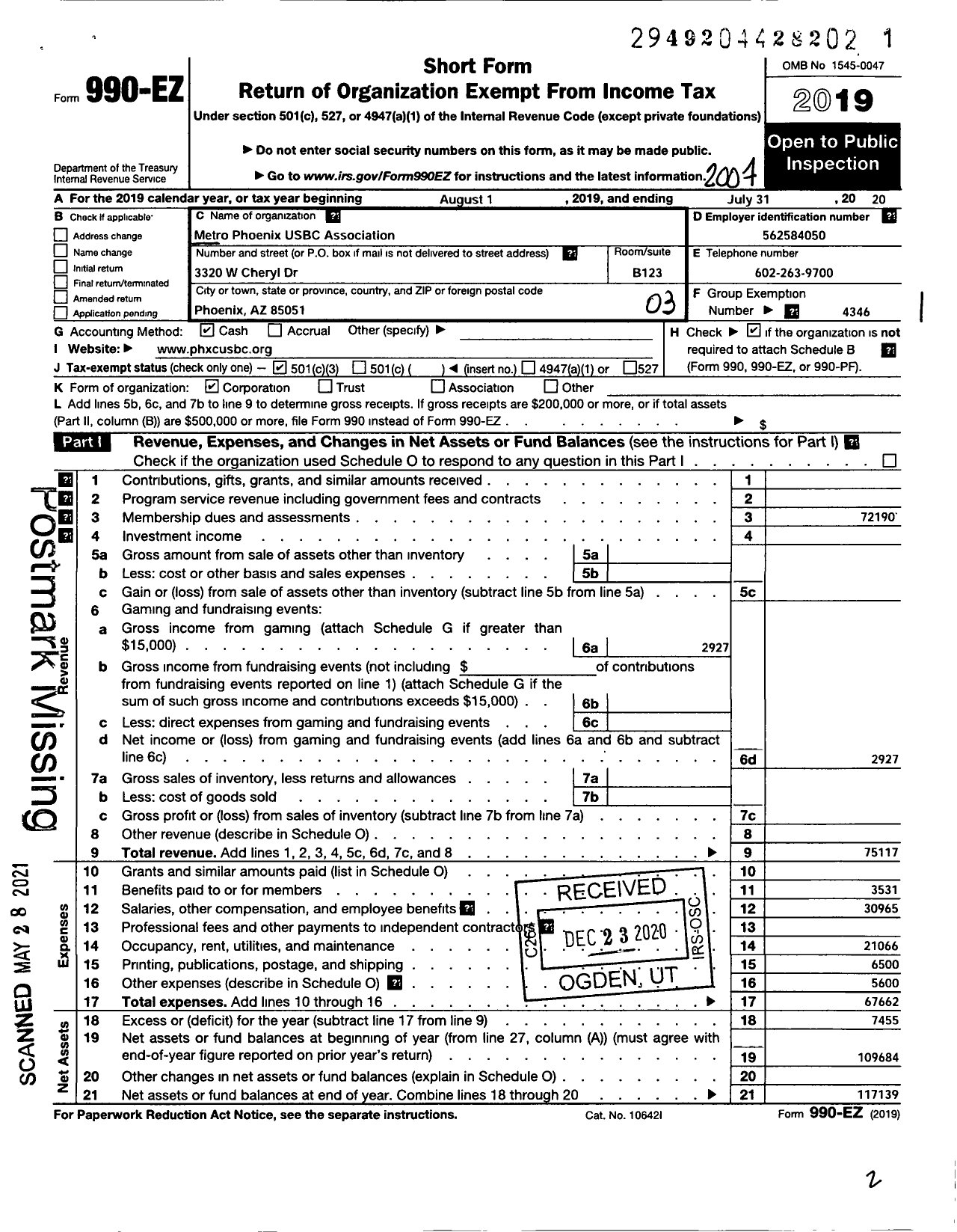 Image of first page of 2019 Form 990EZ for United States Bowling Congress - 82304 Metro Phoenix USBC